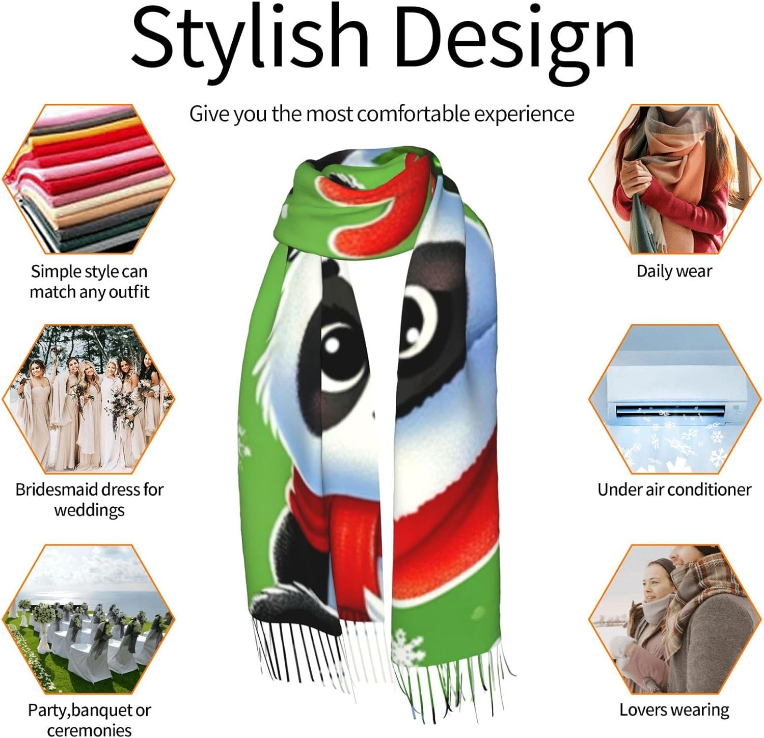 77x27 Inch Pandas-Christmas-Santa-Hats Warm Winter Shawl Wrap For Women With Tassel Fringe, Single-Sided Printed Cozy Blanket Scarf For Cold Weather
