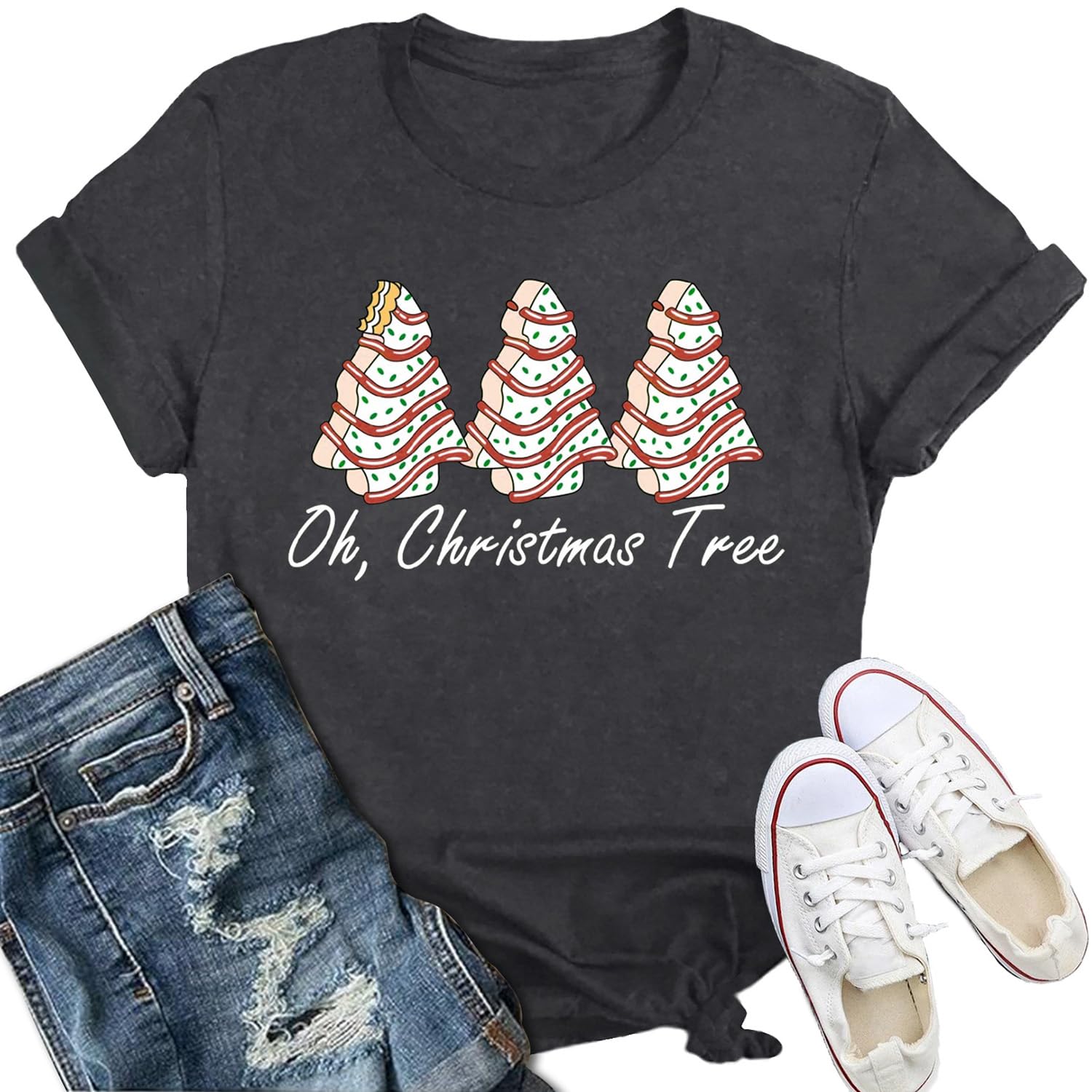 IFQ Women Merry Christmas Shirt Xmas Holiday T-Shirt Christmas Tree Cake Shirt