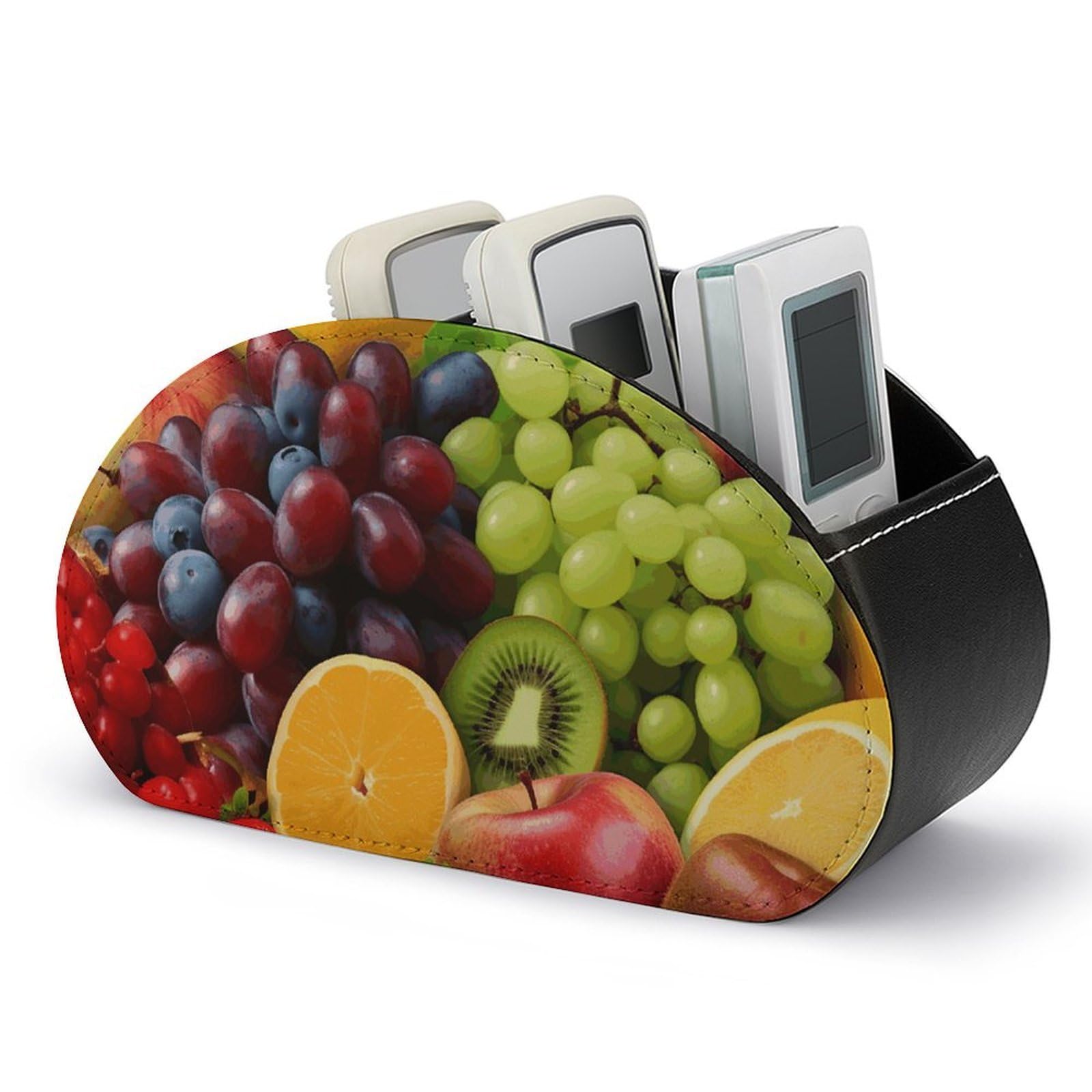 VstaDank Fruits Remote Control Holder with 5 Compartments PU Leather Remote Caddy Desktop Organizer Store TV Remote Control Storage Box for Home Office Desk Nightstand
