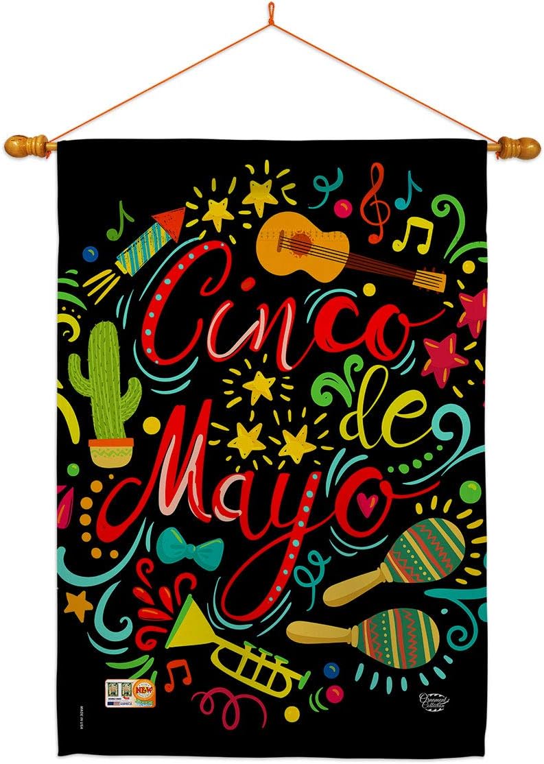 El Fiesta Cinco de Mayo House Flag - Dowel Set Summer Mexican Party Cactus PinataOutdoor Summertime Sunny - Decoration Banner Small Garden Yard Gift Double-Sided Made In USA 28 X 40