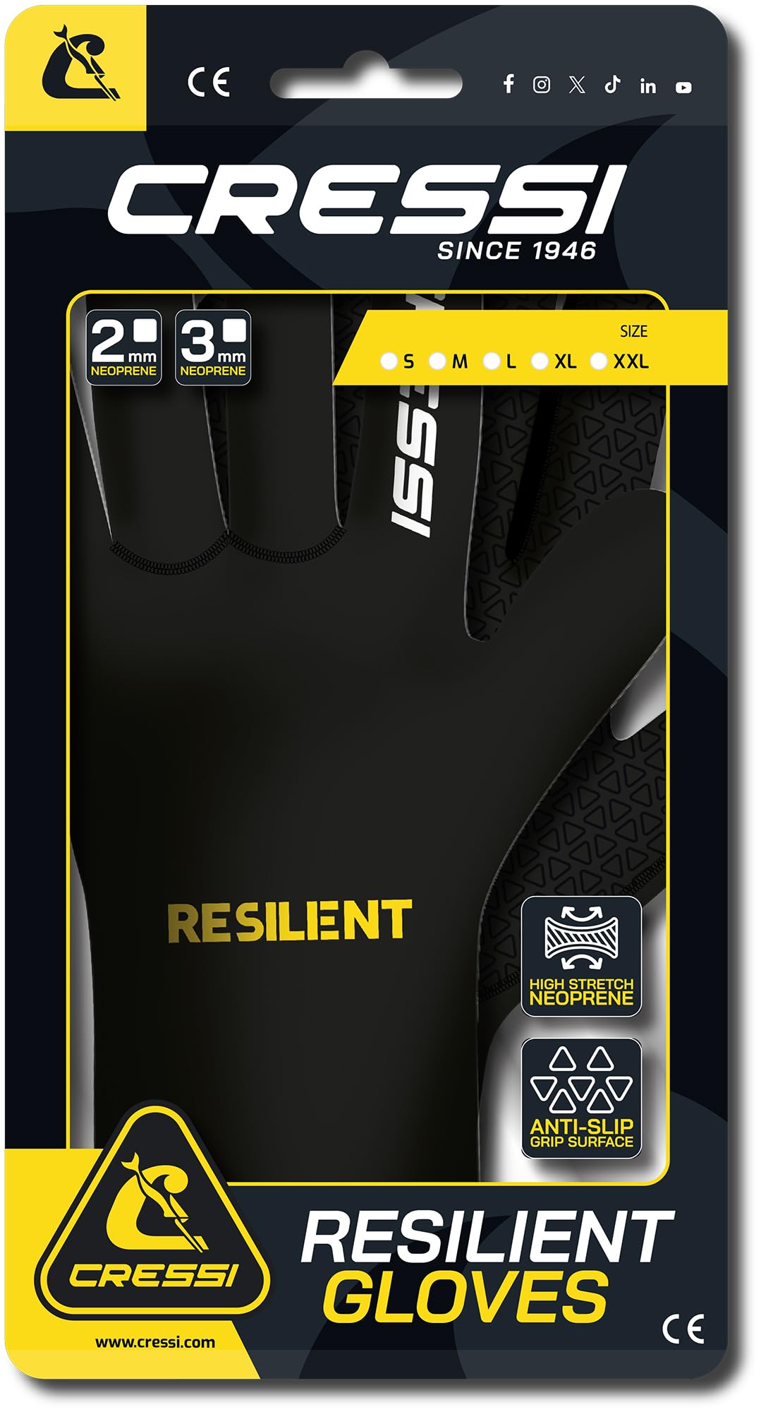 CRESSI Resilient Gloves 2mm L - Rękawice Unisex Ultra Grip Gloves z miękkiego neoprenu 2 mm, czarne, do nurkowania, wędkowania, snorkelingu, pływania kajakiem z wiosłem, L