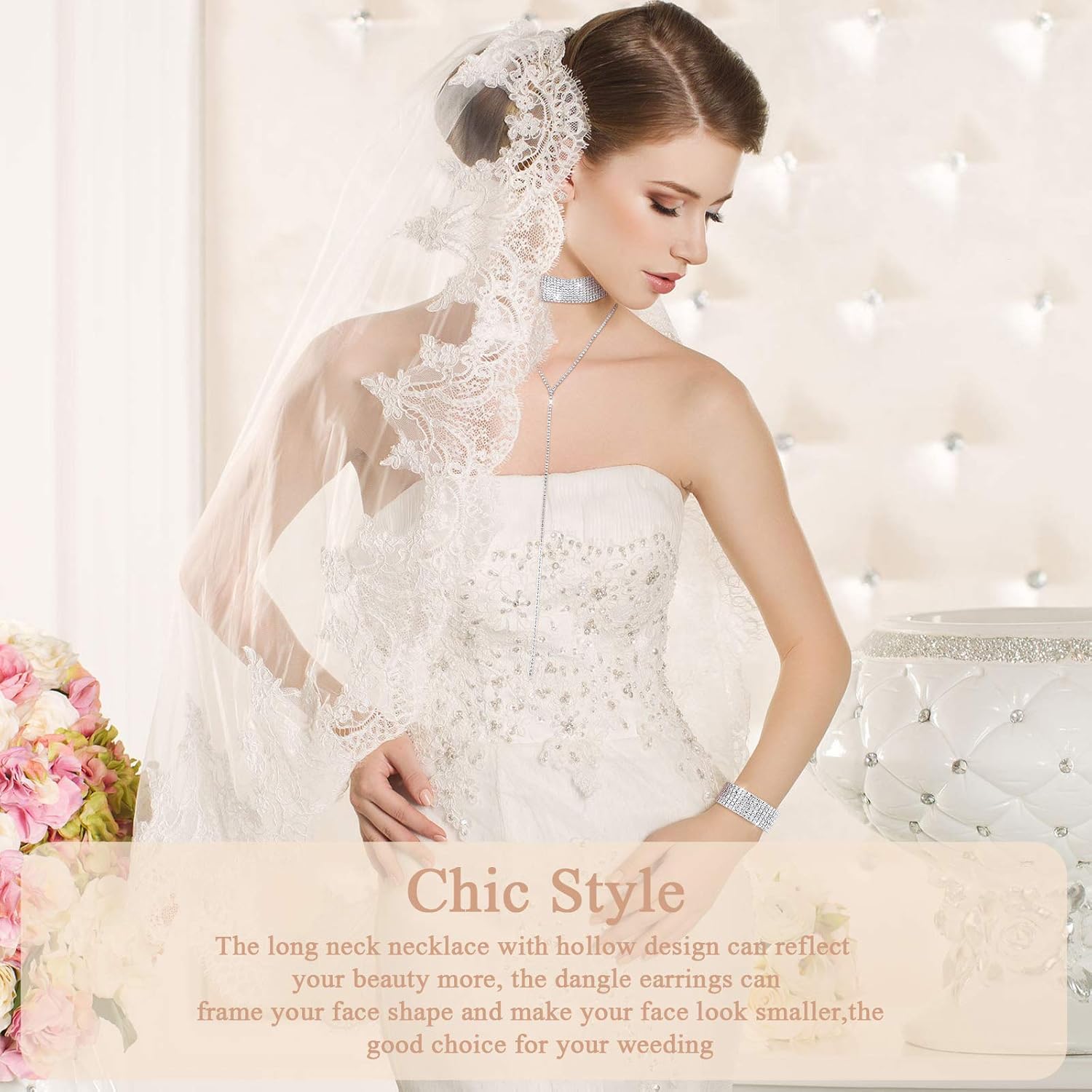 Miniatura 7 de Juego de 2 joyas de cristal de diamantes de imitación para mujer disfraz de novia con purpurina collar con flecos pulsera Diamante de imitación