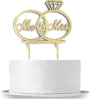 OOKI- Mr and Mrs Double Sided Glitter Wood Topper for Wedding Cake Party Cake Decoration Bride and Groom Love (Gold)