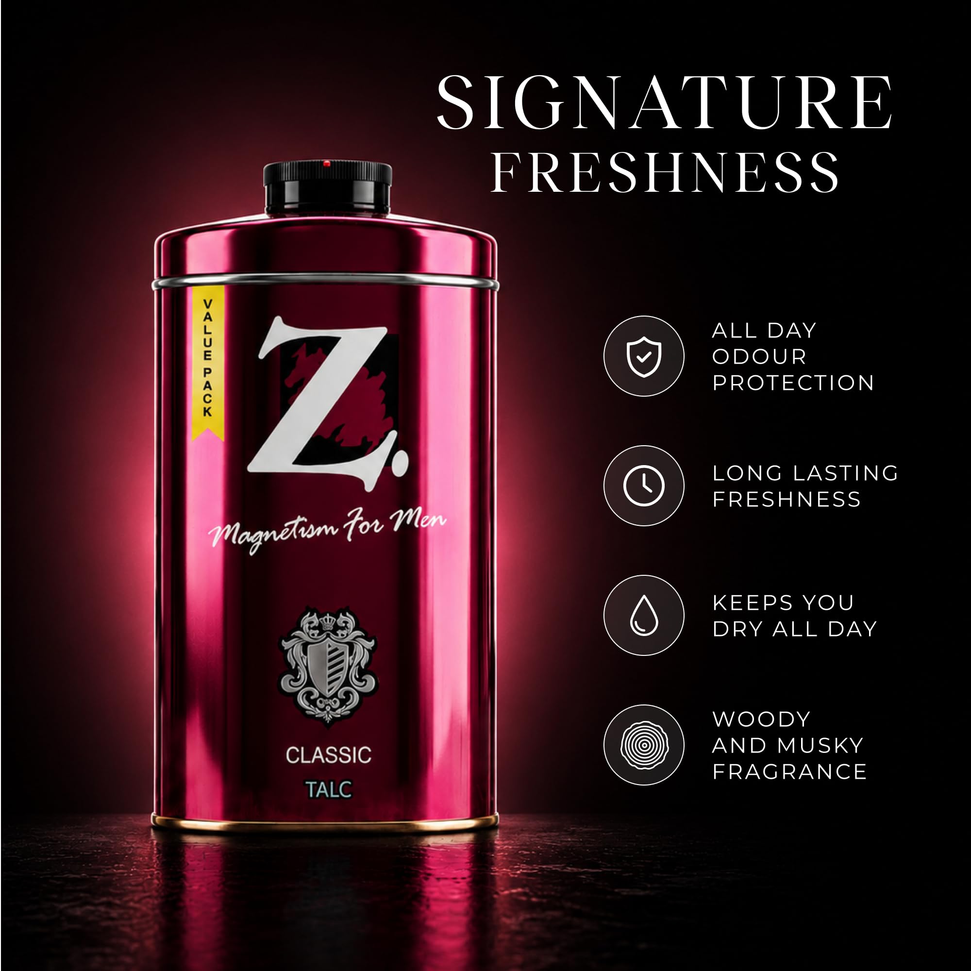 Z Magnetism Classic Talcum Powder for Men 250g | Woody & Musky Fragrance | Fights Body Odor | Long Lasting Freshness | Silky Smooth Deodorizing Talc | Suitable for All Skin Types | Daily Wear Talc 3