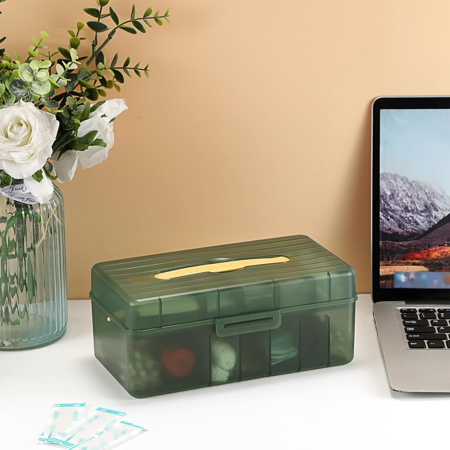JUXYES 2-Tiers Bandages Carry Storage Box With Handle Lid - Transparent Green Portable Bandages Storage Bin With Lifting Divided Tray - Plastic Storage Container for School Office Travel Use Supplies