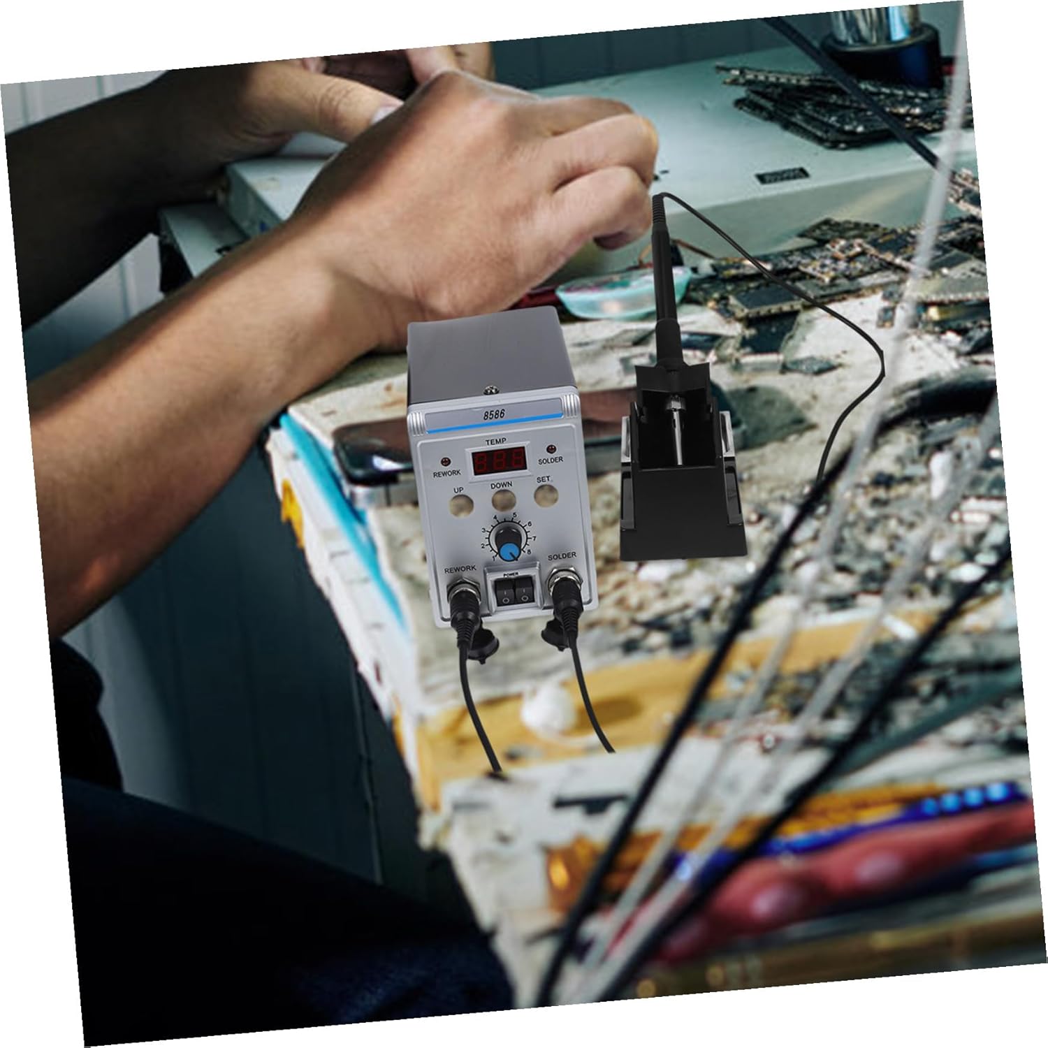 Digital Display Hot Air and Soldering Station with Bent Tip Tweezer and Solder Sucker Temperature Control for Precise Electronics Repair and DIY Maintenance Acv Compatible