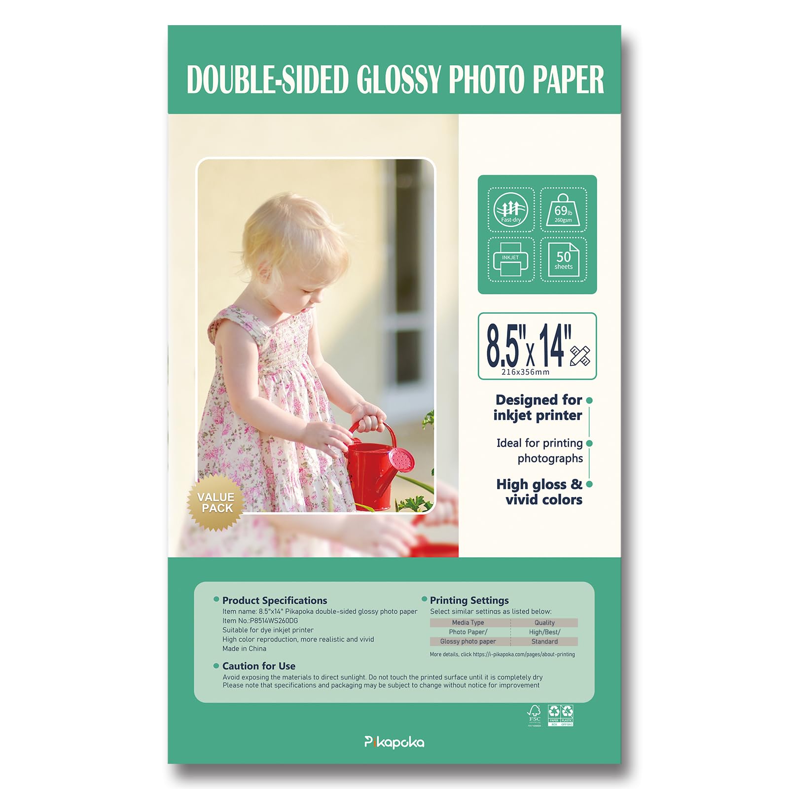 Pikapoka Double Sided Glossy Photo Paper 8.5 x 14 Legal Size for Inkjet Printer, 50 Pack, 260gsm/69lb