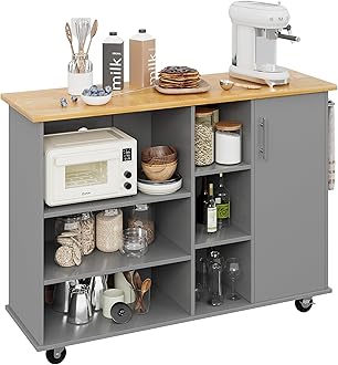 Shintenchi 47”W Kitchen Storage Island Cart with 6 Open Shelves and 1 Cabinet, Portable Trolley Cart with Wood Work Top and Handle/Towel Rack, Gray