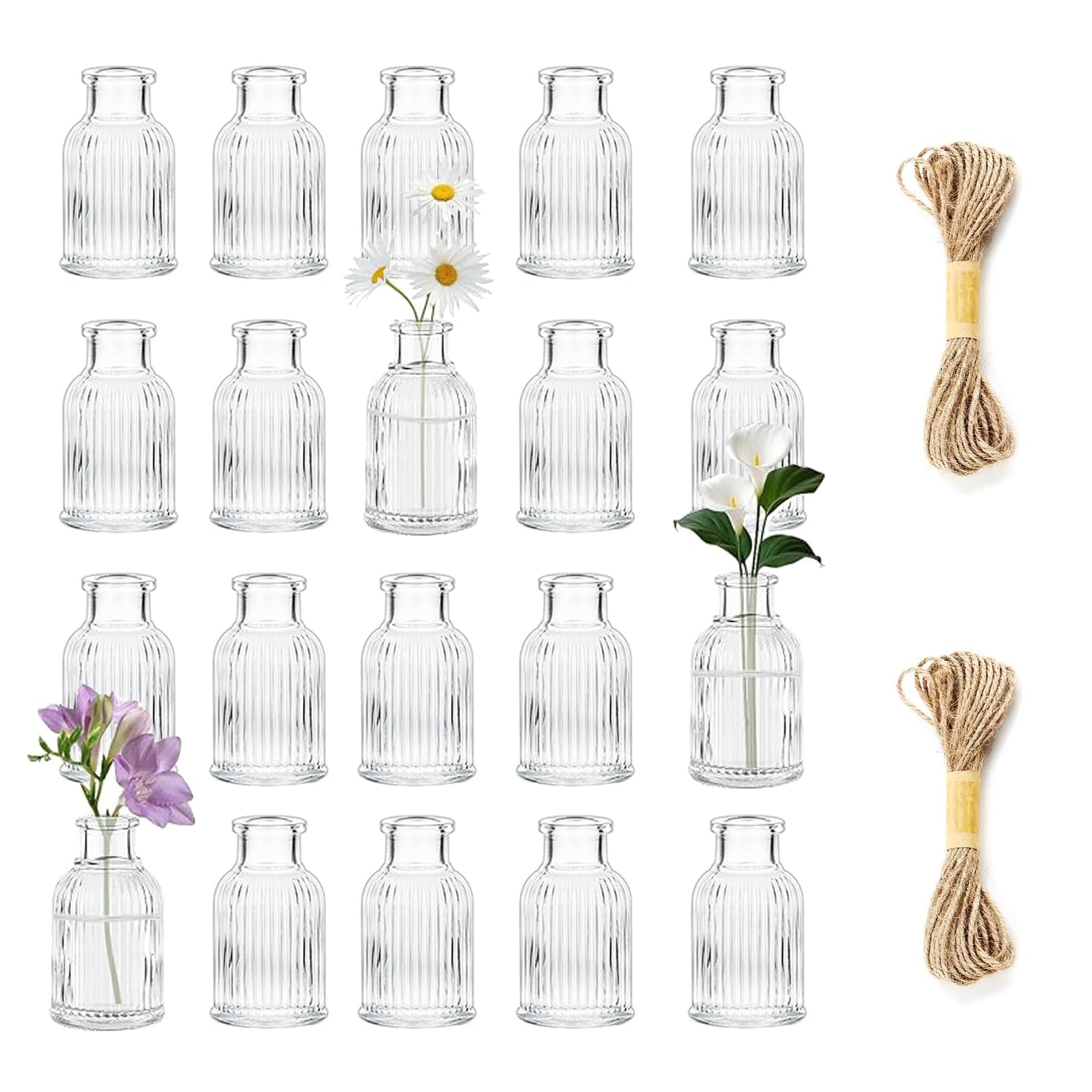 Juego de 20 jarrones de cristal pequeños – Mini jarrones de flores acanalados transparentes para centros de mesa de boda, fiesta y decoración del hogar con cordel de yute gratis, decoraciones bohemias