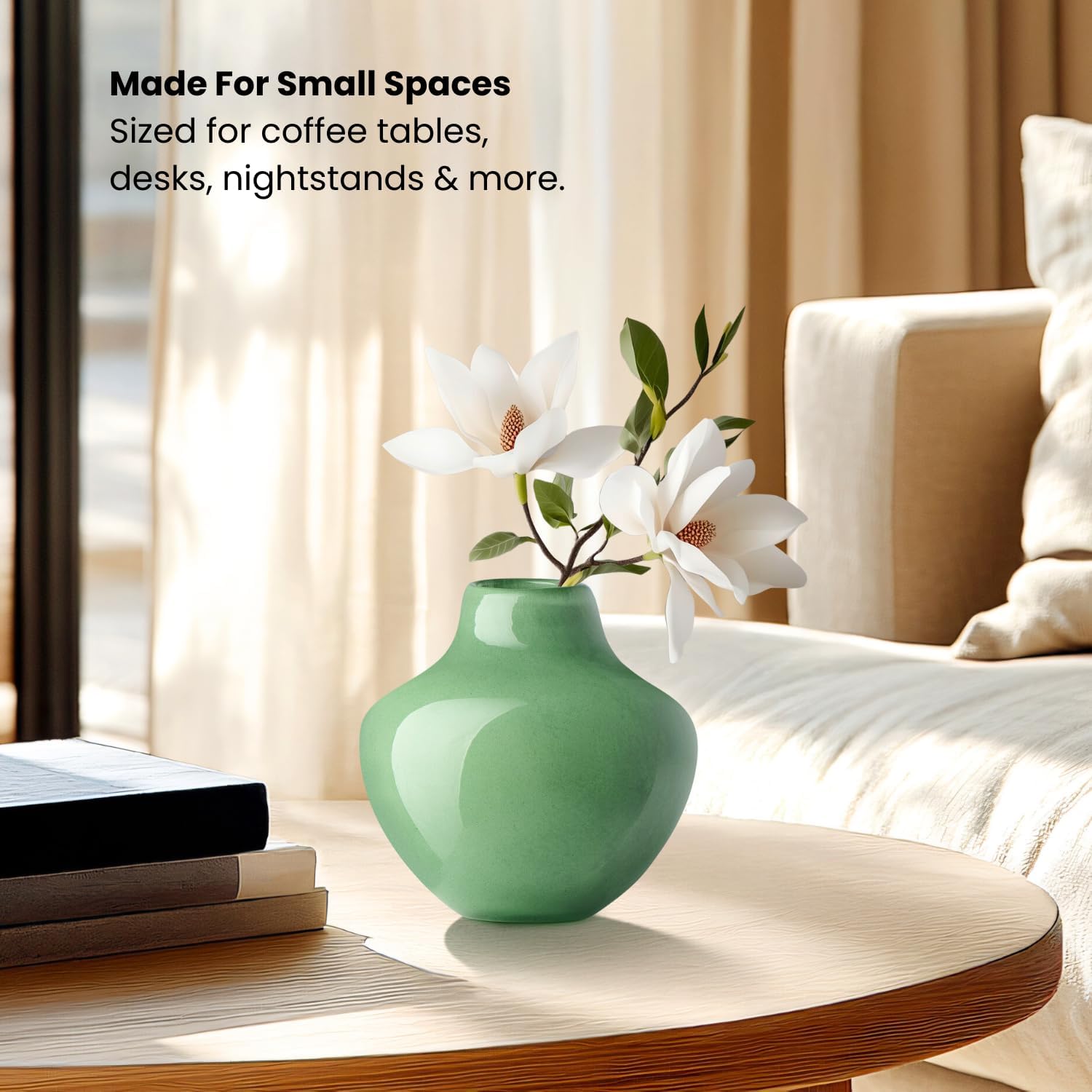 Torre & Tagus 4" Mouth Blown Art Glass Vase for Flowers - Opaque Green Small Table Vase & Handmade Small Green Accent for Boho Home Decor, Neutral Bud Vases as Decorative Shelf Decor or Wedding