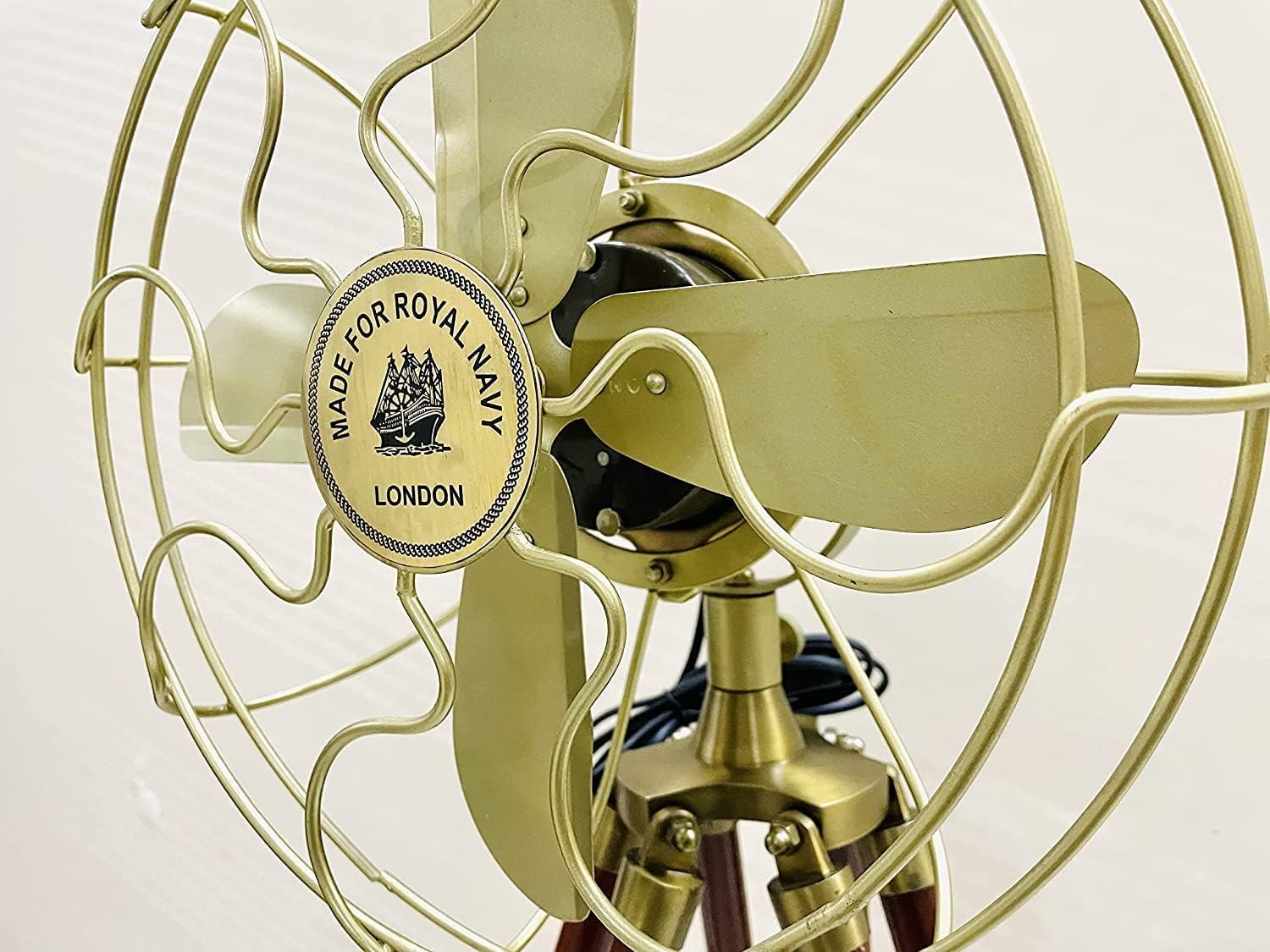 B A INSTRUMENTS Handmade Antique Floor Fan, Royal Navy Fan With Brown Wooden Tripod Stand Handmade Antique Floor Fan, Royal Navy Fan With Brown Wooden Tripod Stand