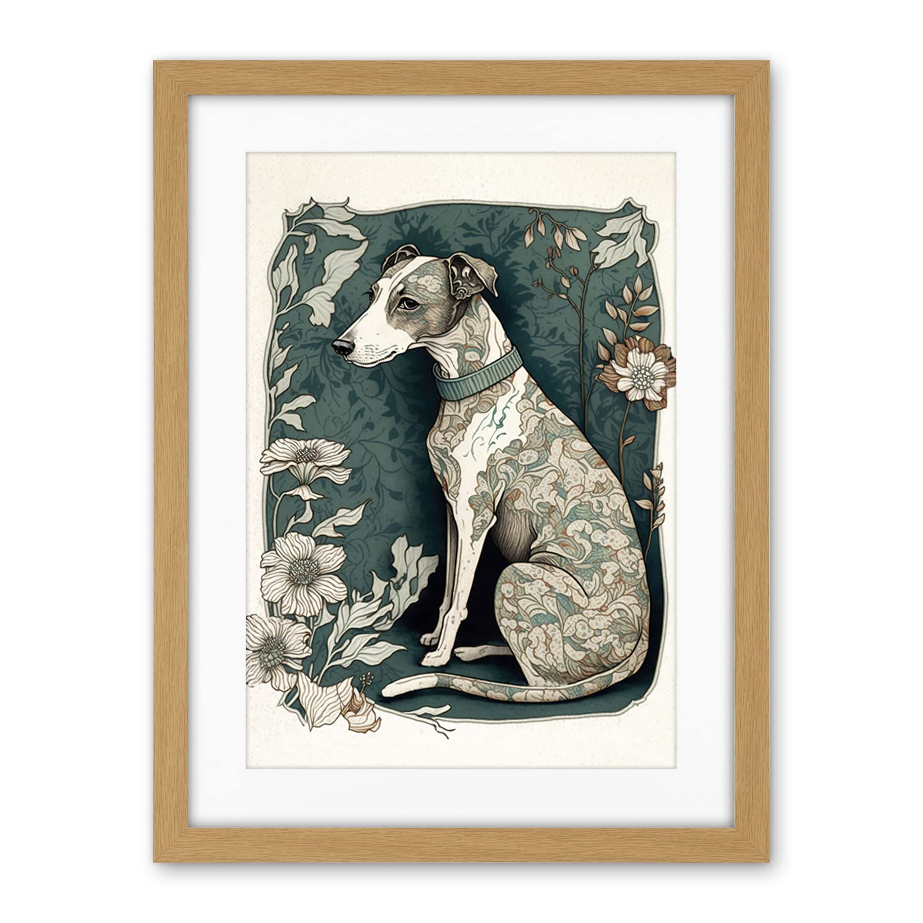 Artery8 Whippet Dog with Floral Pattern Fur Coat Art Nouveau Inspired Watercolour Illustration Artwork Framed Wall Art Print 18X24 Inch