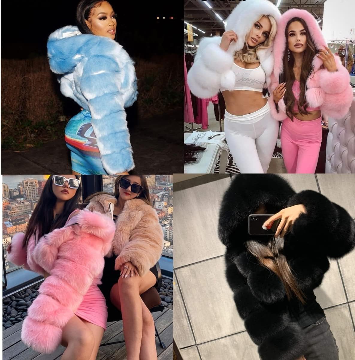 SACFOF Women Fluffy Faux Fur Coat Cropped Jacket Puffer Zip Up Winter Warm Fuzzy Teddy Hooded Outwear - Image 4