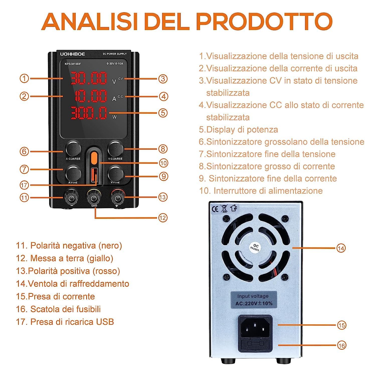 UOHHBOE Alimentatore da Labotorio Alimentatore Stabilizzato Banco 30V 10A Alimentatore DC Regolabile con 4 Cifre Display LED, Regolazioni Grossolane e Fini, Ricarica 5V/2A USB Linea di Prova