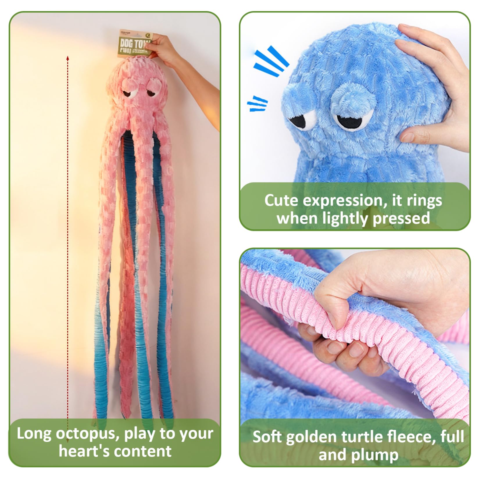 Jouet pour chien pieuvre, 40 pouces, jouets interactifs couinants pour mâcheurs agressifs, pieuvre en peluche douce et respectueuse de la peau pour soulager l'ennui, réduire l'anxiété, peluche vert