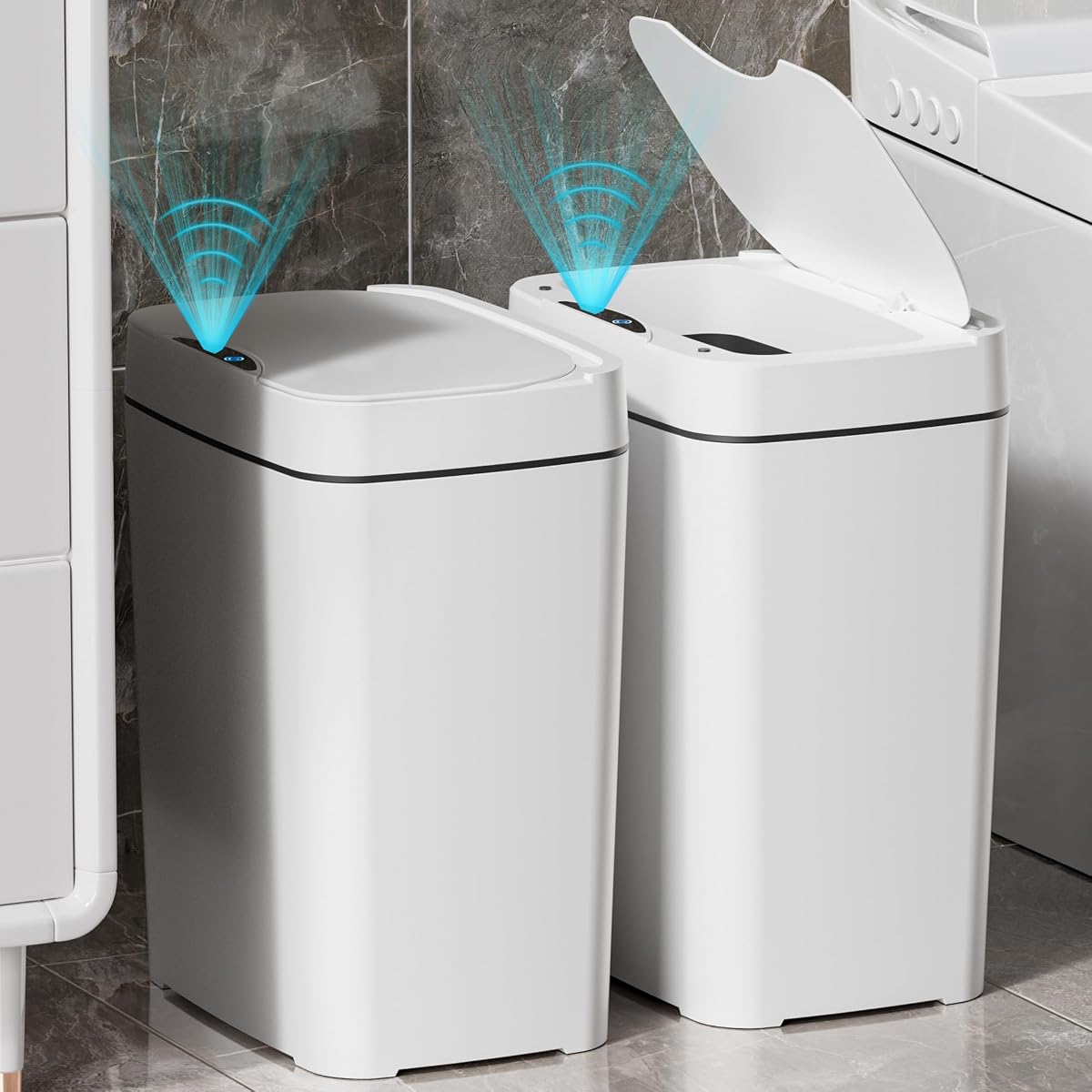 Paquete de 2 botes de basura de baño de 2,7 galones con tapa, bote de basura automático pequeño bote de basura inteligente sin contacto, cubos de basura de plástico impermeables con sensor de movimiento delgado para dormitorio, oficina, cocina, inodoro