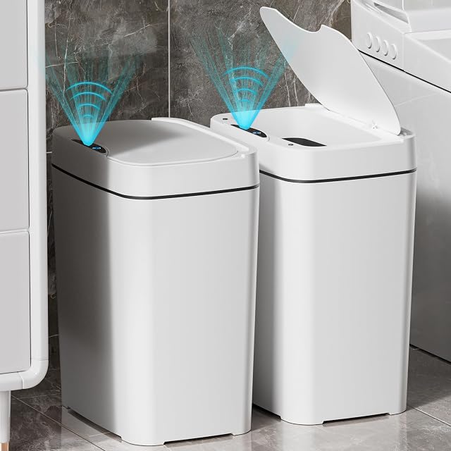 2 Pack 2 7 Gal Bathroom Trash Can with Lid Automatic Trash Can Small Smart Garbage Can Touchless