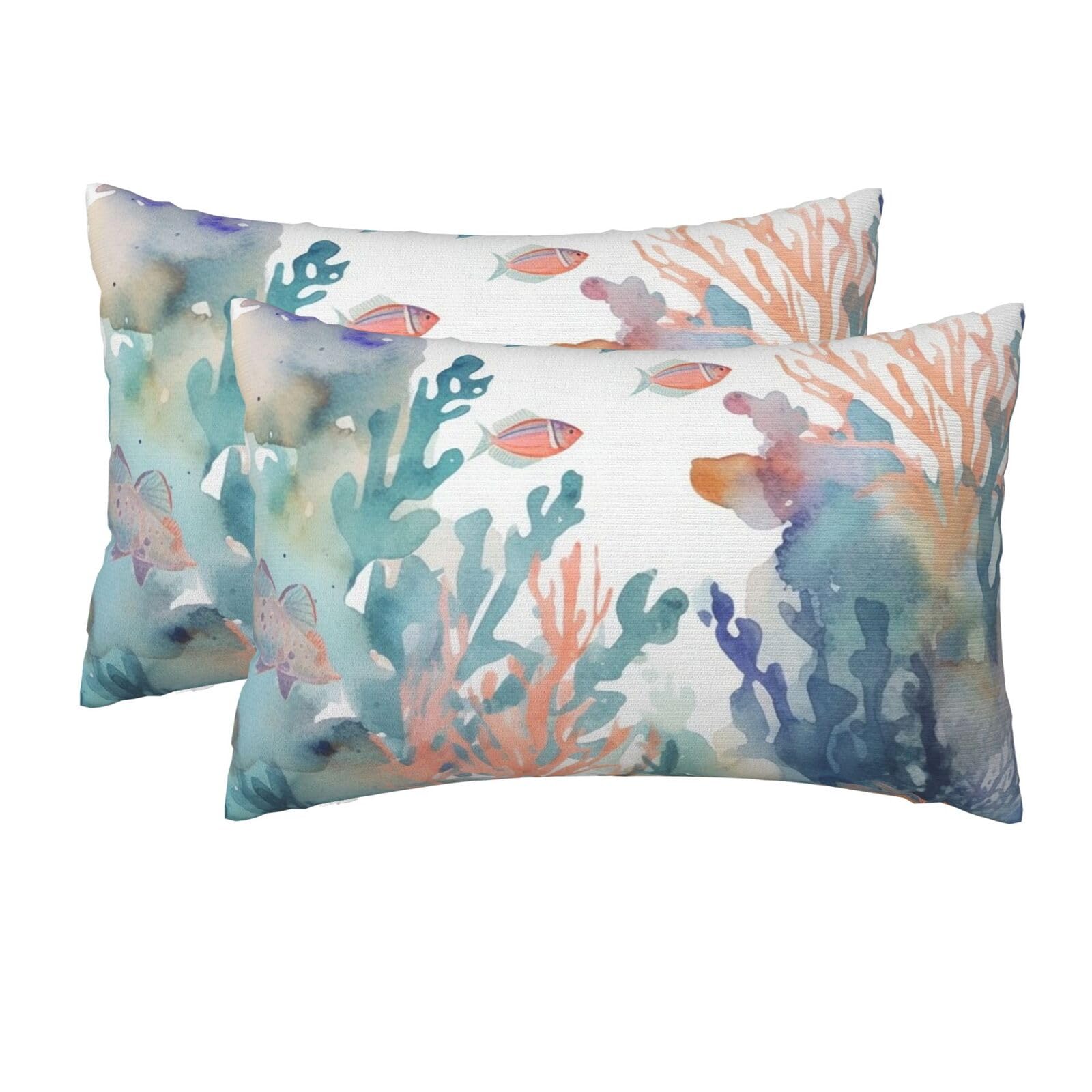 2 Pack Queen Size Pillow Cases for Hair and Skin Soft Breathable Pillow Case Covers with Hidden Zipper Watercolor Fish and Coral Pillowcase 20x30 Inches Pillow Cover for Sleeping Gift
