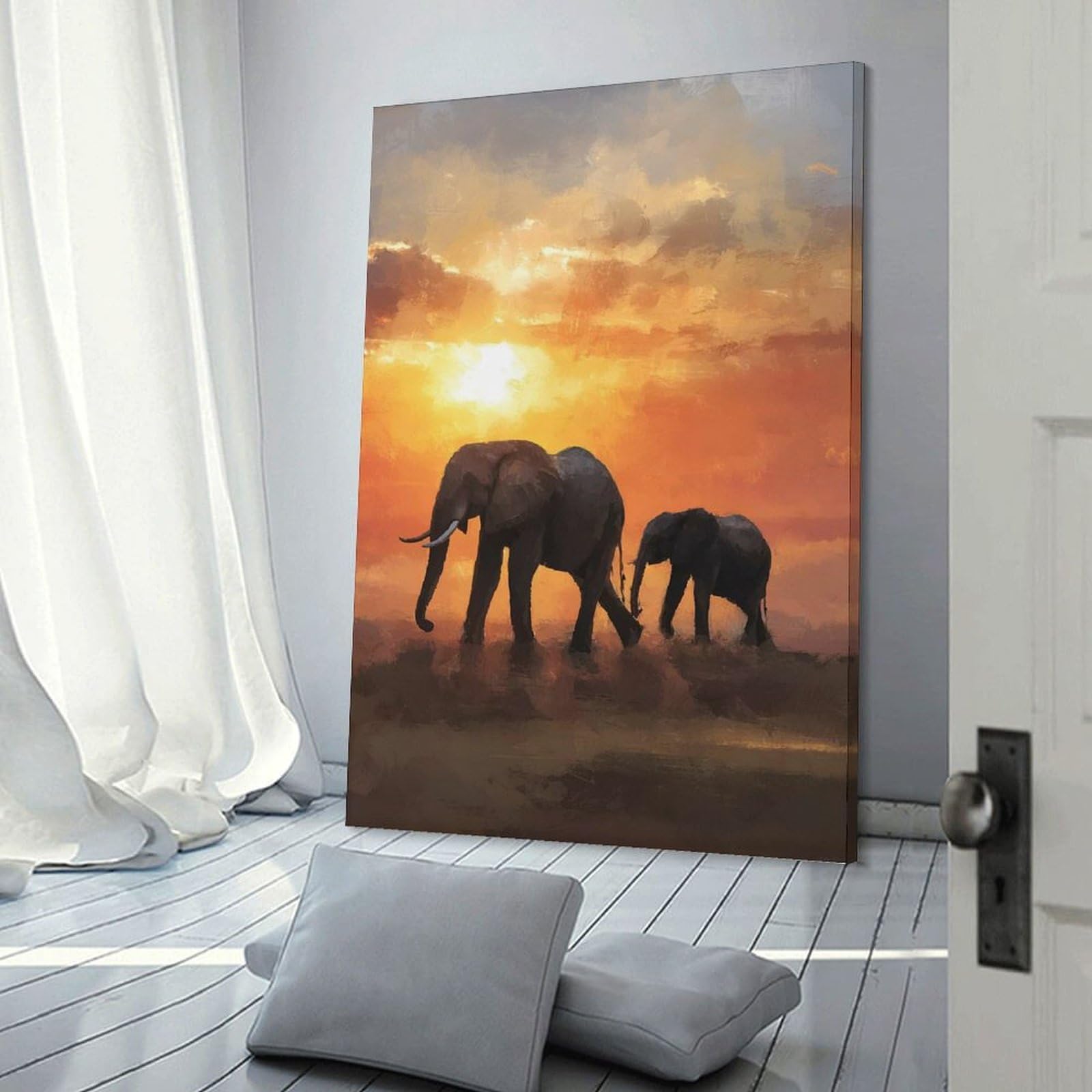 Junmoney Elephants Walking at Sunset Decorative Canvas Print 16x24inch(40x60cm), for Study, Office Or Focused Interiors, Wall Art That Adds Style to Work Areas
