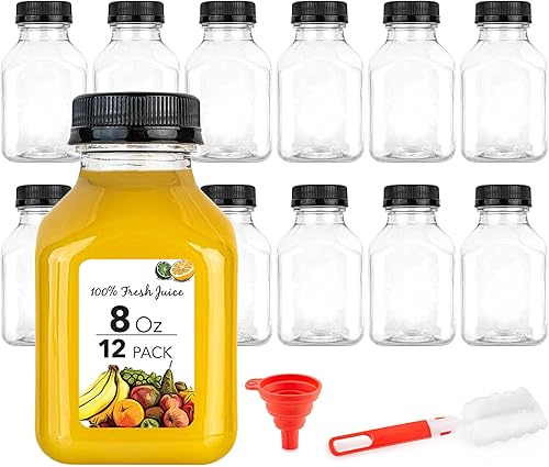 Botellas de jugo con tapas para jugos y batidos botellas de plástico vacías transparentes reutilizables con tapas recipientes de 8 onzas para mini
