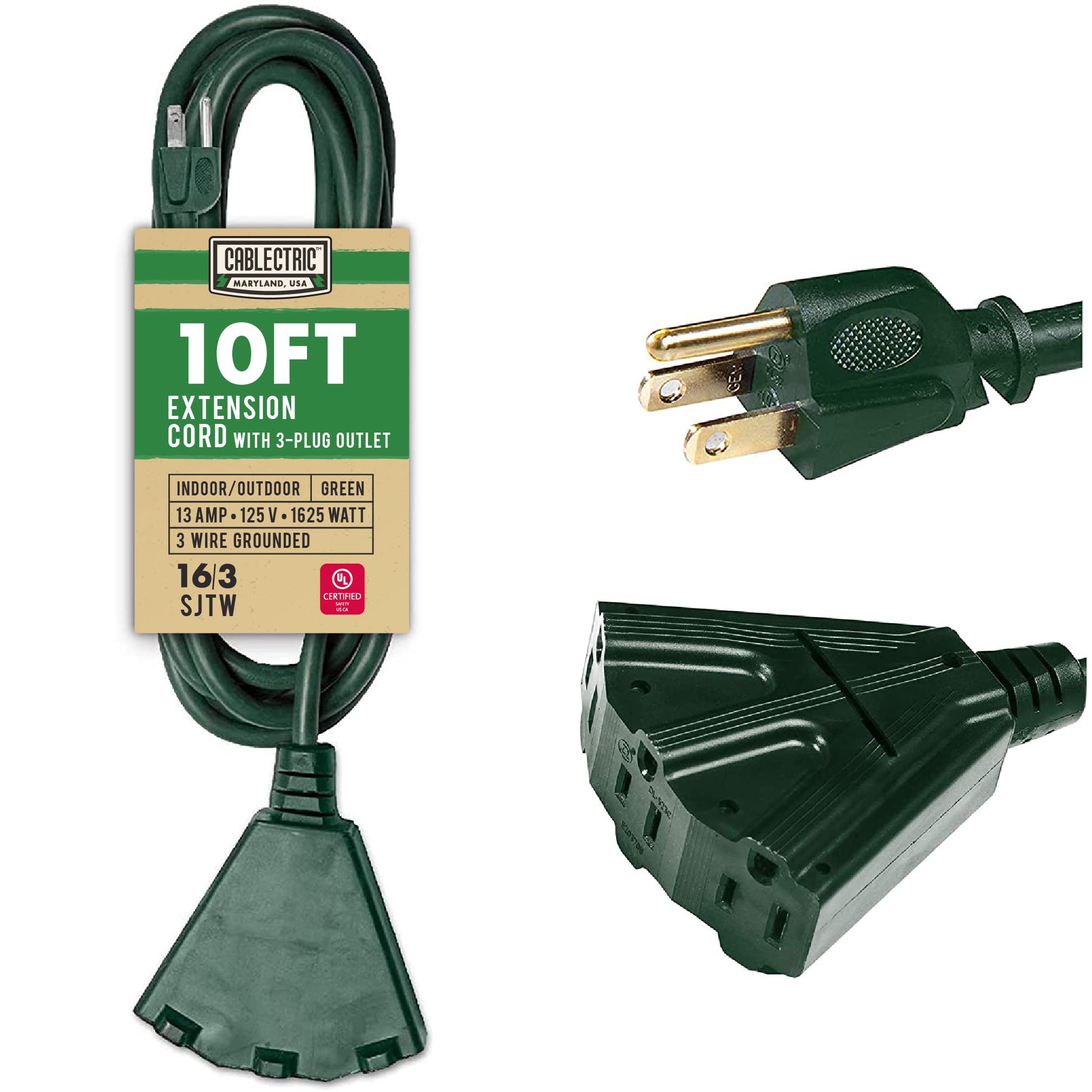 Cablectric Rallonge extérieure de 15,2 m à 3 broches, 16/3 SJTW résistante aux intempéries, câble d'alimentation extérieur de 15,2 m, câble d'alimentation extérieur robuste de 13 A pour éclairage