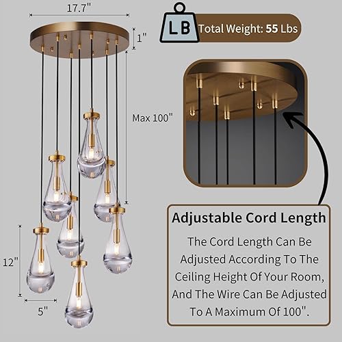 Miniatura 7 de Juego de 2 lámparas colgantes de latón, isla de cocina con cristal de gota de lluvia de arte hecho a mano, candelabro de cocina con bombilla LED