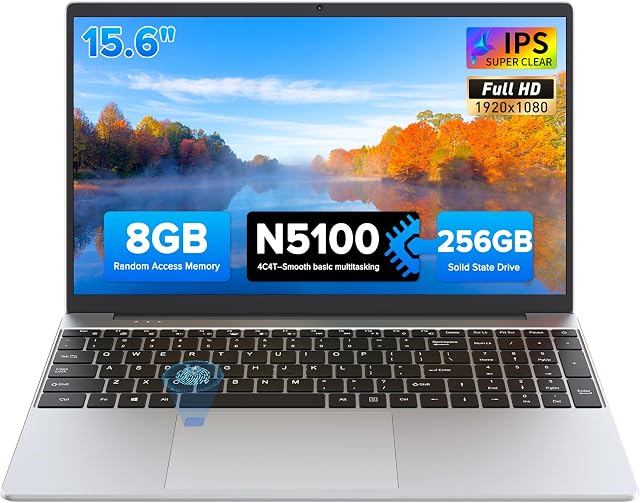 Auusda 15.6" Ordinateur portable argent PC, 8GB RAM 256GB SSD, Clavier rétroéclairé, Capteur d'empreintes digitales, USB 3,0*2, jusqu'à 8TB Stockage, gagner 11 Pro Compatible, 6000mAh, N5100 Quad-Core, idéal pour les bureaux légers & Clavier rétroéclairé, Capteur d'empreinte digitale, USB 3,0*2