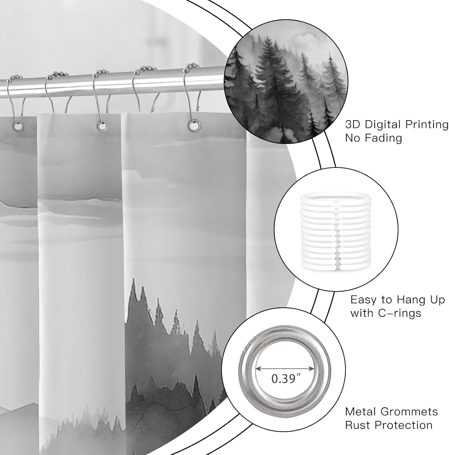 Extra Wide Forest Shower Curtain 108 x 72, Black and White Mountain Tree Shower Curtains for Claw Foot Tub, Nature Landscape 108 inch Long Shower Curtain Set with 18 Pack Plastic C-Hooks