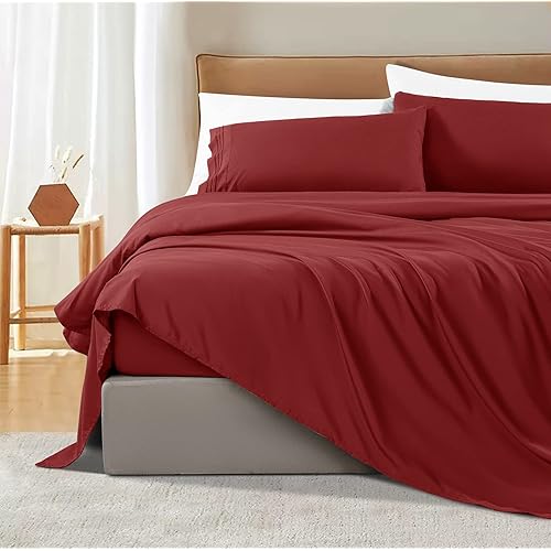 Shilucheng King Size Bed Sheets Set Microfiber 1800 Thread Count Percale Super Soft and Comforterble 16 Inch Deep Pockets - 4 Piece (Burgundy, King)