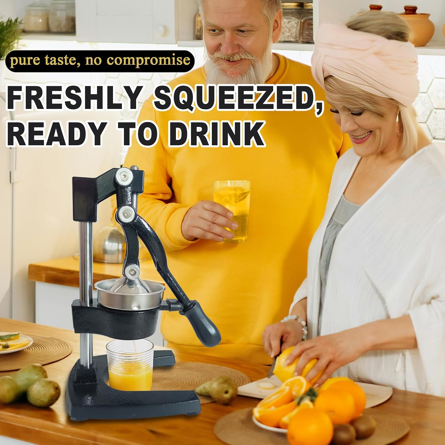 Cast Iron Hand Press Juicer, Commercial Heavy Duty Metal Manual Citrus Fruit Juice Extractor for Orange Pomegranate Grapefruit, Professional Stainless Steel Lemon Squeezer Machine, Easy Clean (Black)