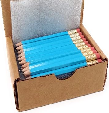 Half Pencils with Eraser - Golf, Pew, Short, Mini - Hexagon, Sharpened, Non Toxic, #2 Pencil, Color - Light Turquoise, Box of 48 Golf Pocket Pencils TM