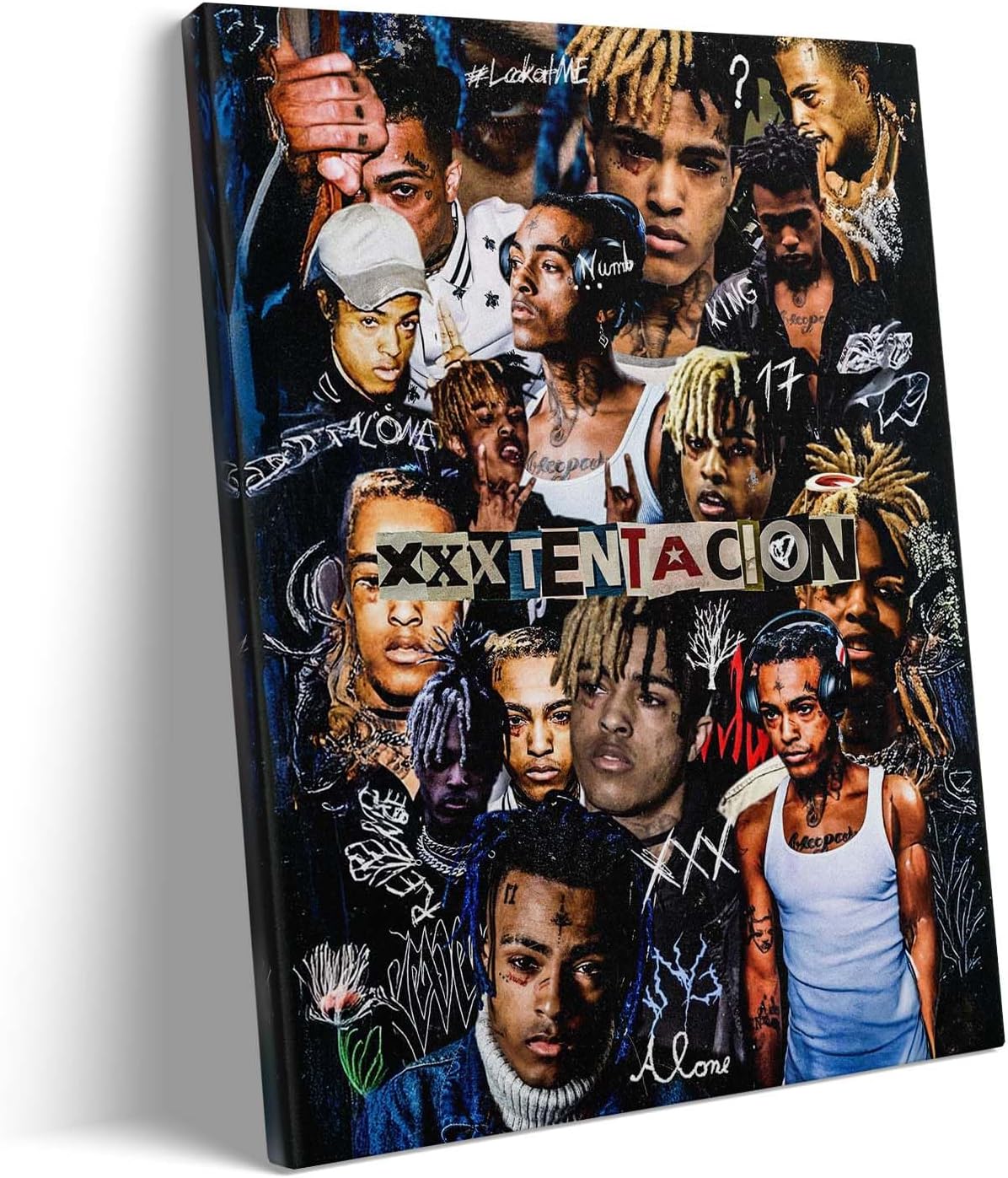 XXXTentacion Canvas Wall Art, Rapper Collage Music Poster for Bedroom and Studio Decor, Framed Aesthetic Hip Hop Artwork, 12x16 Inch