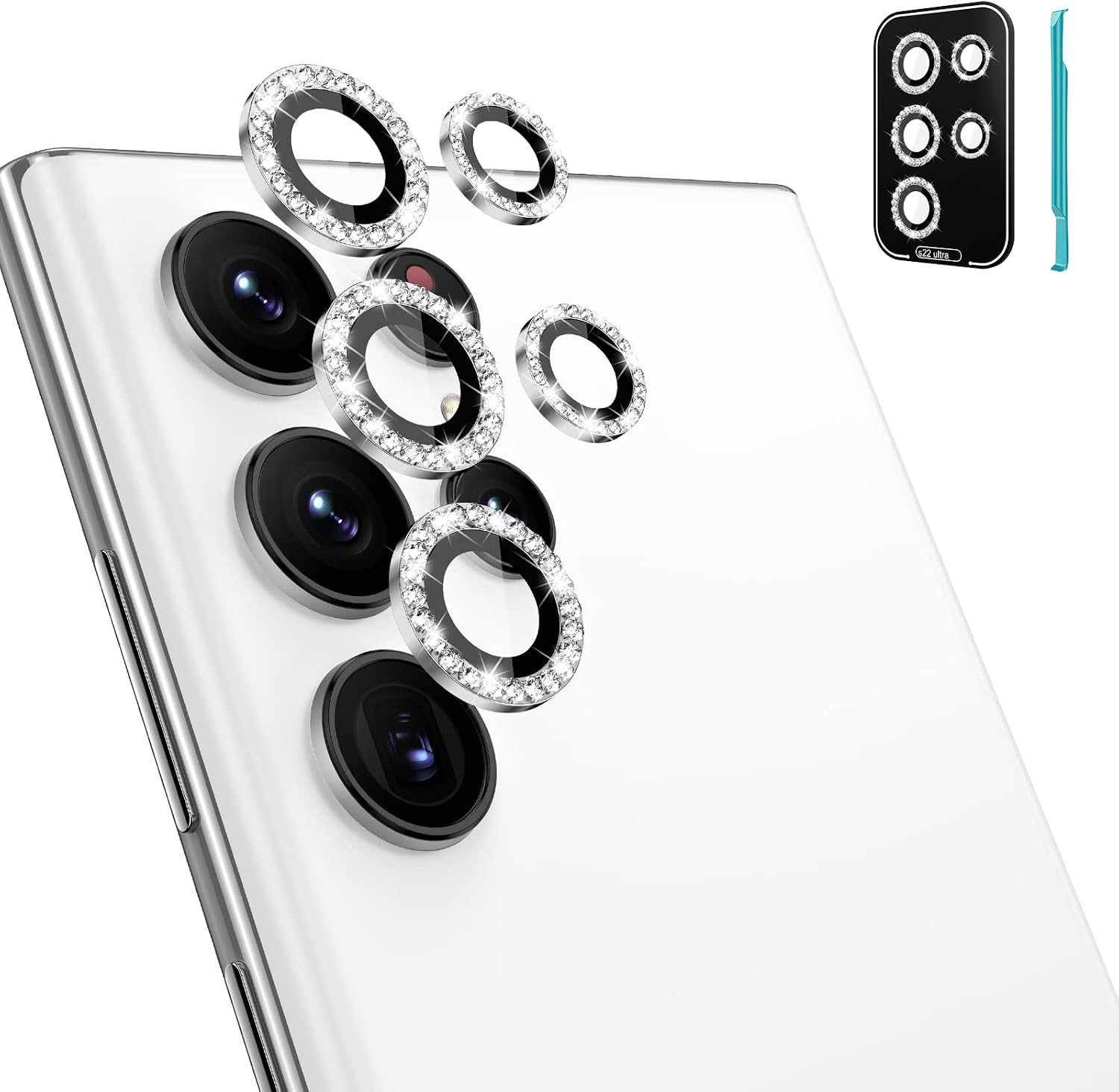 Tensea [3+2PCS] for Samsung Galaxy S22 Ultra Camera Lens Protector, 9H Tempered Glass Camera Cover Screen Protector Metal Individual Ring for S22 Ultra 5G 2022 Release (Diamond Silver)