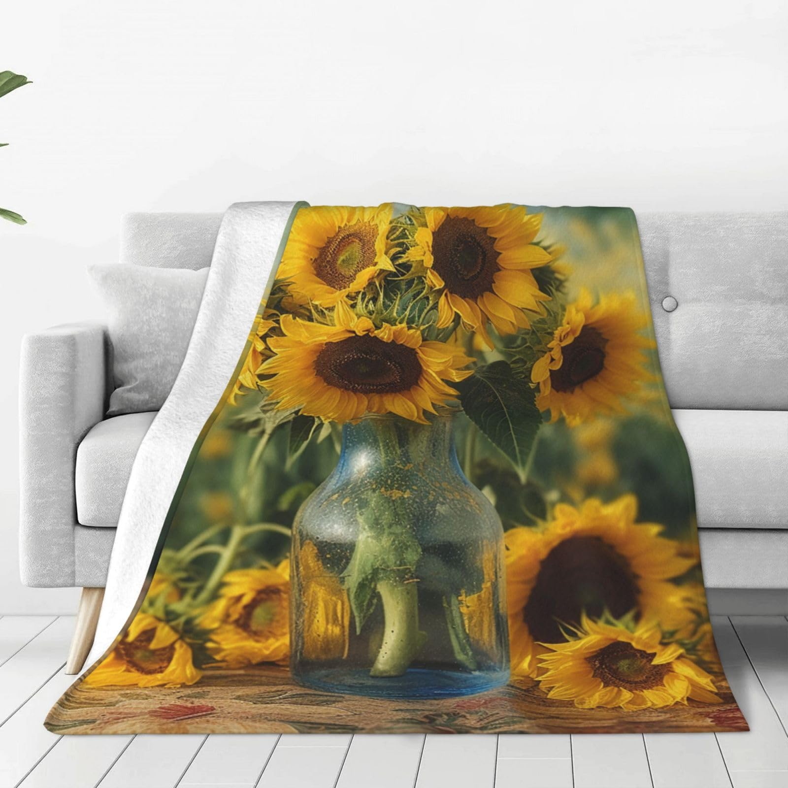 Couverture flanelle microfibre douce légère 152x127 cm plaid canapé lit motif tournesols