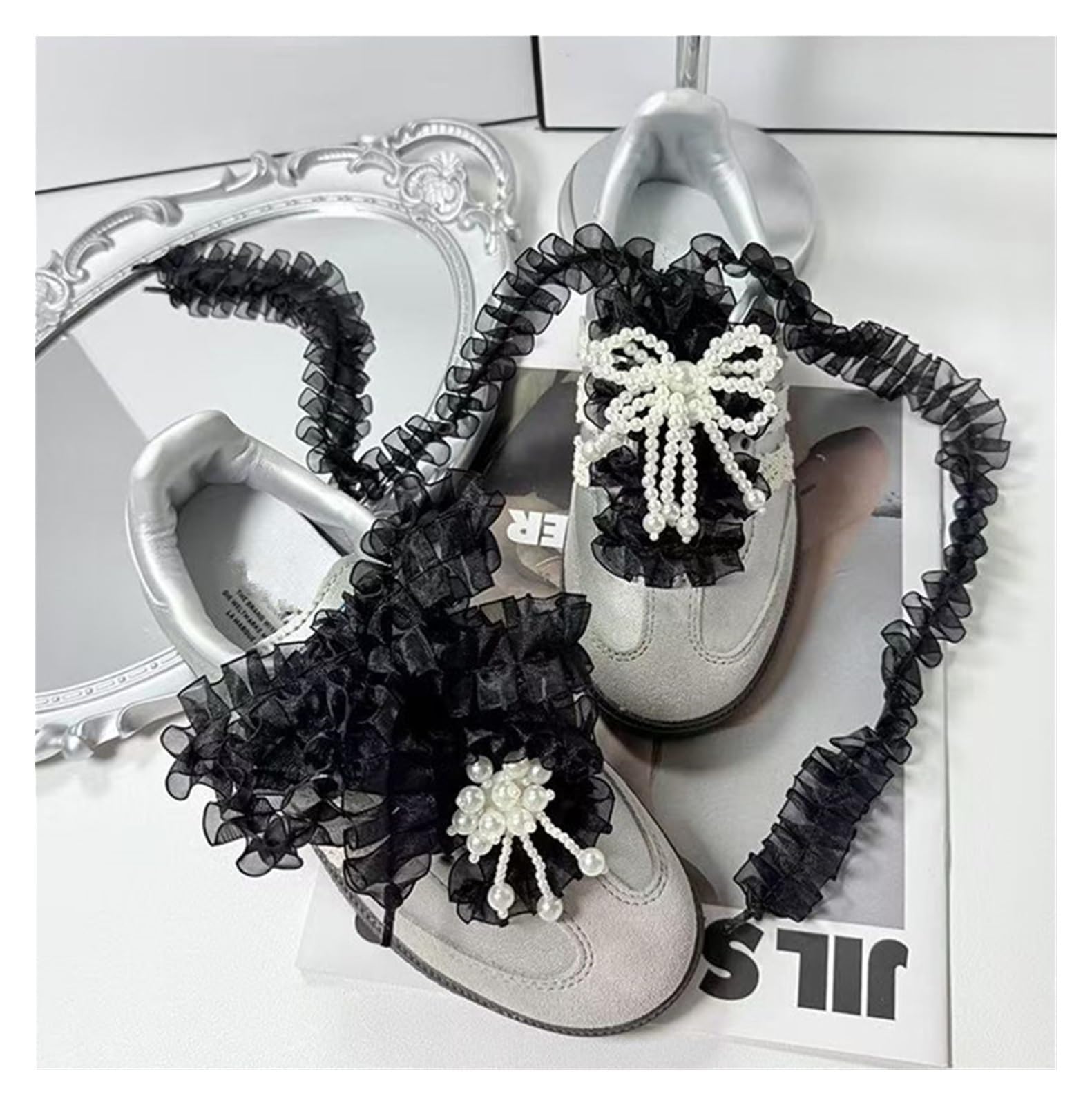 Cordones, Volantes de Organza con Borde, Cordones for Zapatos, Zapatillas Lazo, Deportivos Negros, Blancos, Entrenamiento DIY(Black,140cm)