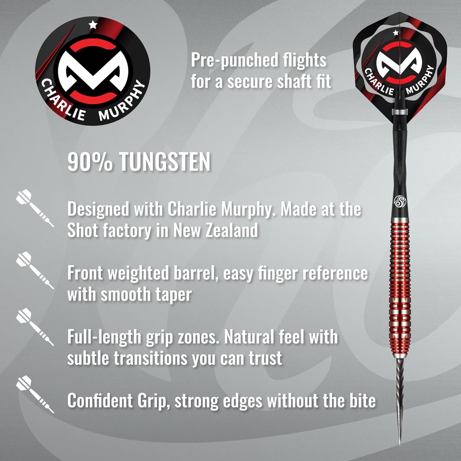 Shot! Pro Series Charlie Murphy Steel Tip Darts Set 90% Tungsten Barrels Handcrafted Professional Dart Set & Flights Made in New Zealand, Metal Tip for Bristle Dartboard