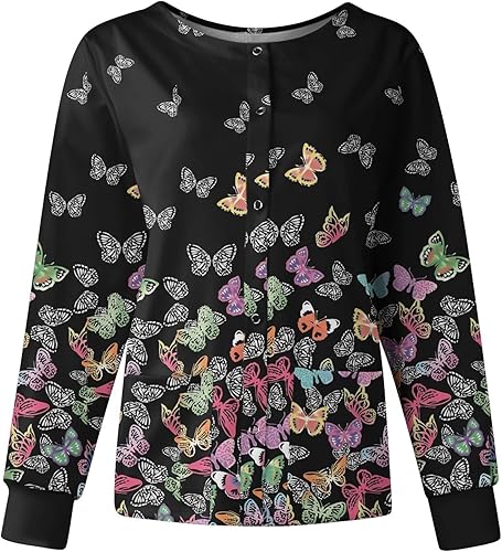 Printed Scrub Jackets for Woman Print Long Sleeve Plus Size Womens Scrubs for Women Nursing Jacket with Pockets