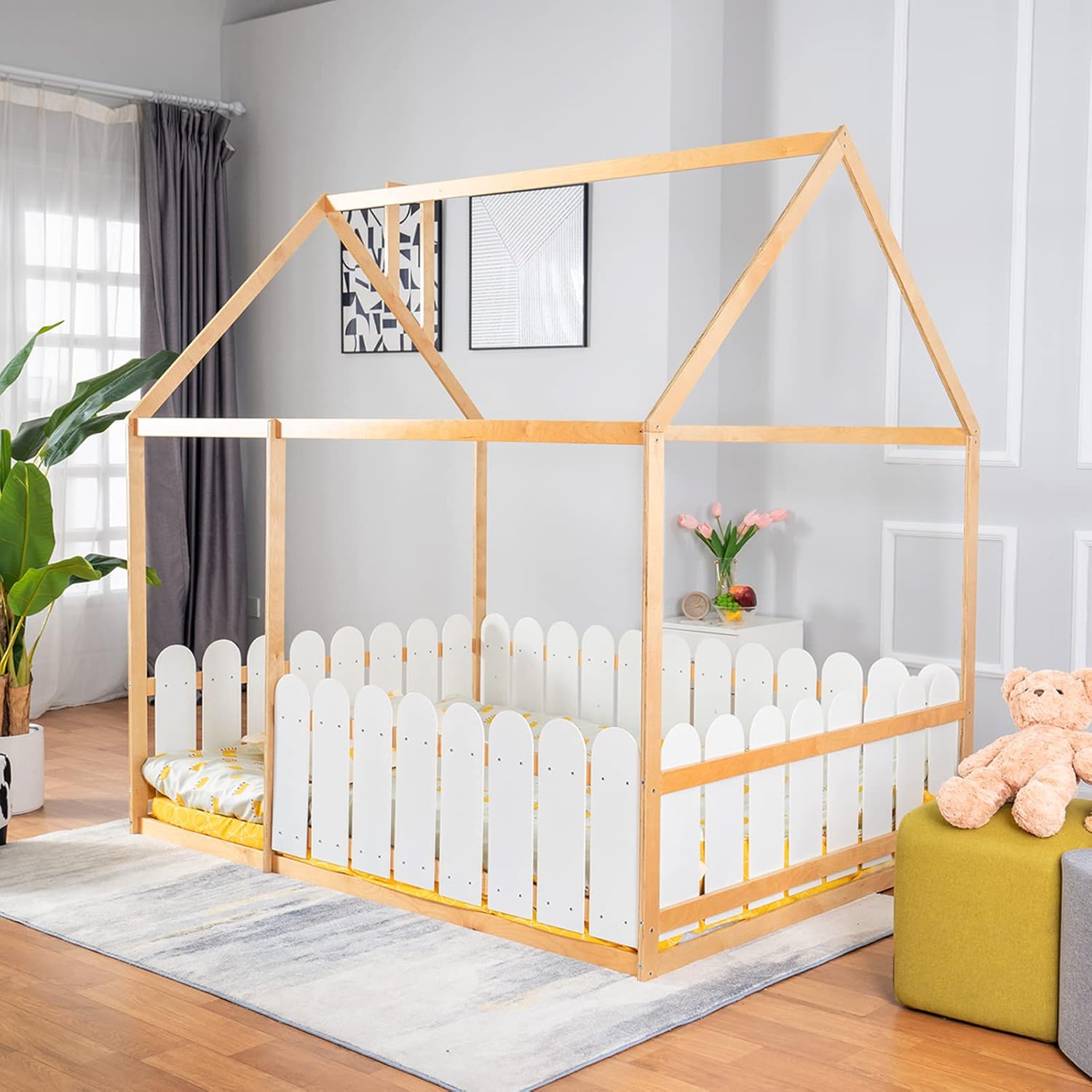 Premium Wood Bed House Bed Frame with Fence,Full Size,Cabin Bed,Floor Bed,House Bed