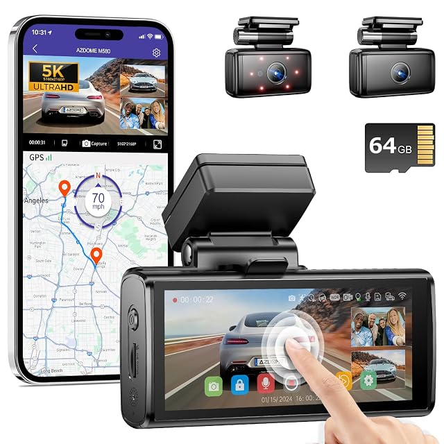 AZDOME 5K 3 Channel Dash Cam Free 64GB Card 4 Touchscreen Car Camera 5G WiFi GPS Dashcam Front