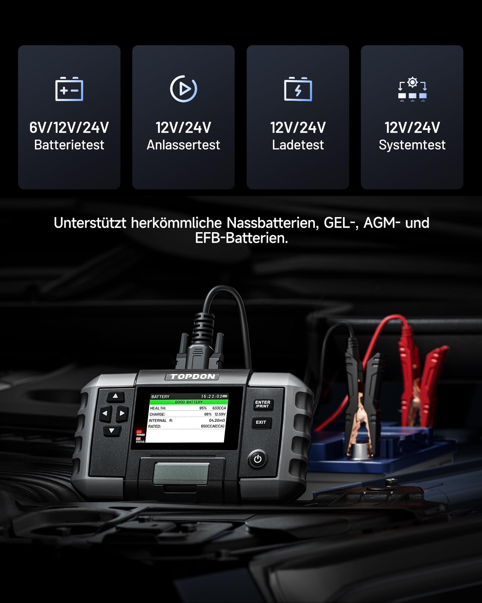 TOPDON Batterietester KFZ BT600 Plus, 6 V/12 V/24 V Batterietests, 100–2000 CCA, 12 V/24 V Starttest/Ladetest/Systemtest, Autobatterie Tester mit eingebauter Batterie und Drucker, 2 gepaarte Klemmen
