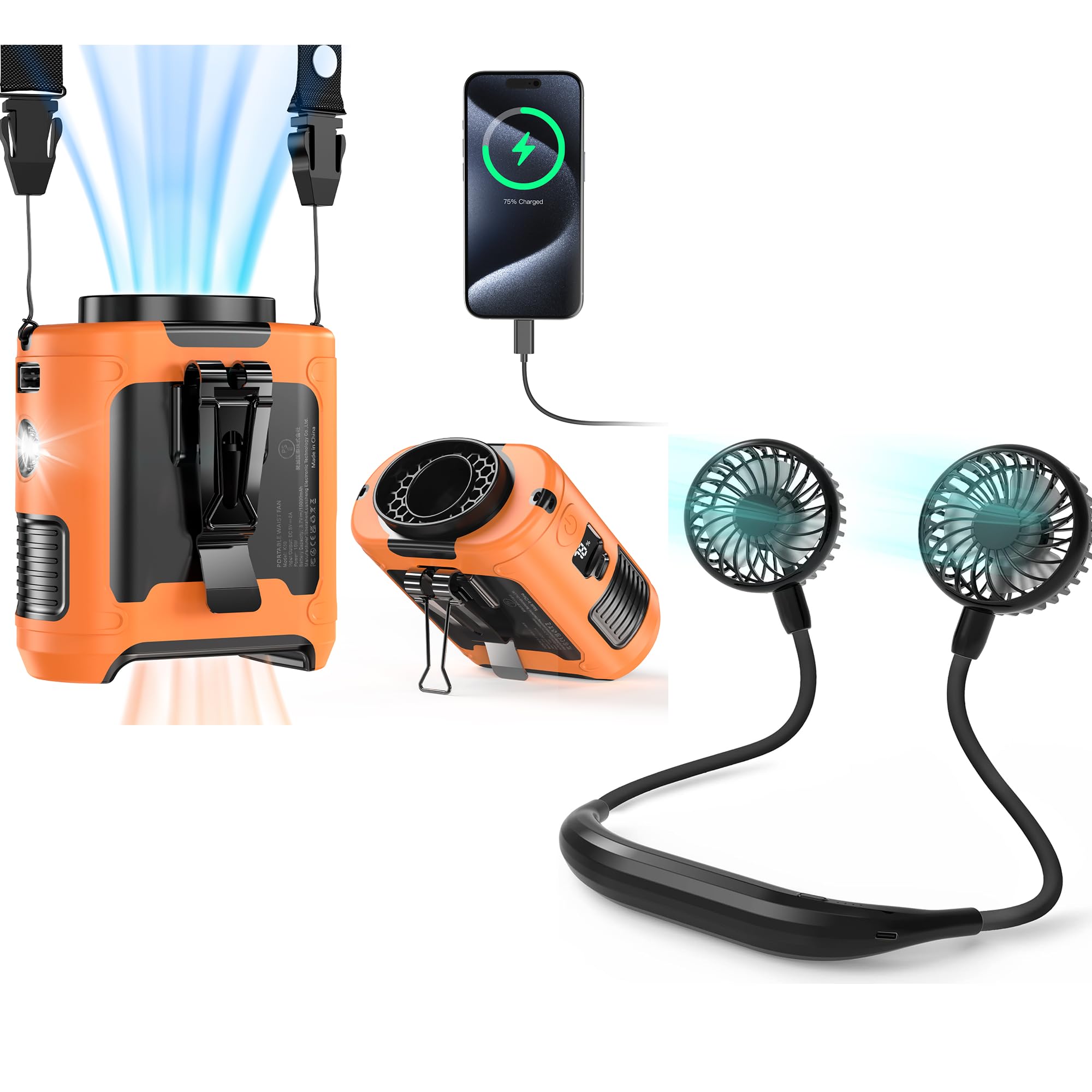 COMLIFE 10000mAh Portable Waist Clip Fan & Portable Neck Fan, Battery Powered Personal Wearable Fan for Indoor Outdoor Camping Fishing Jobsite Travel