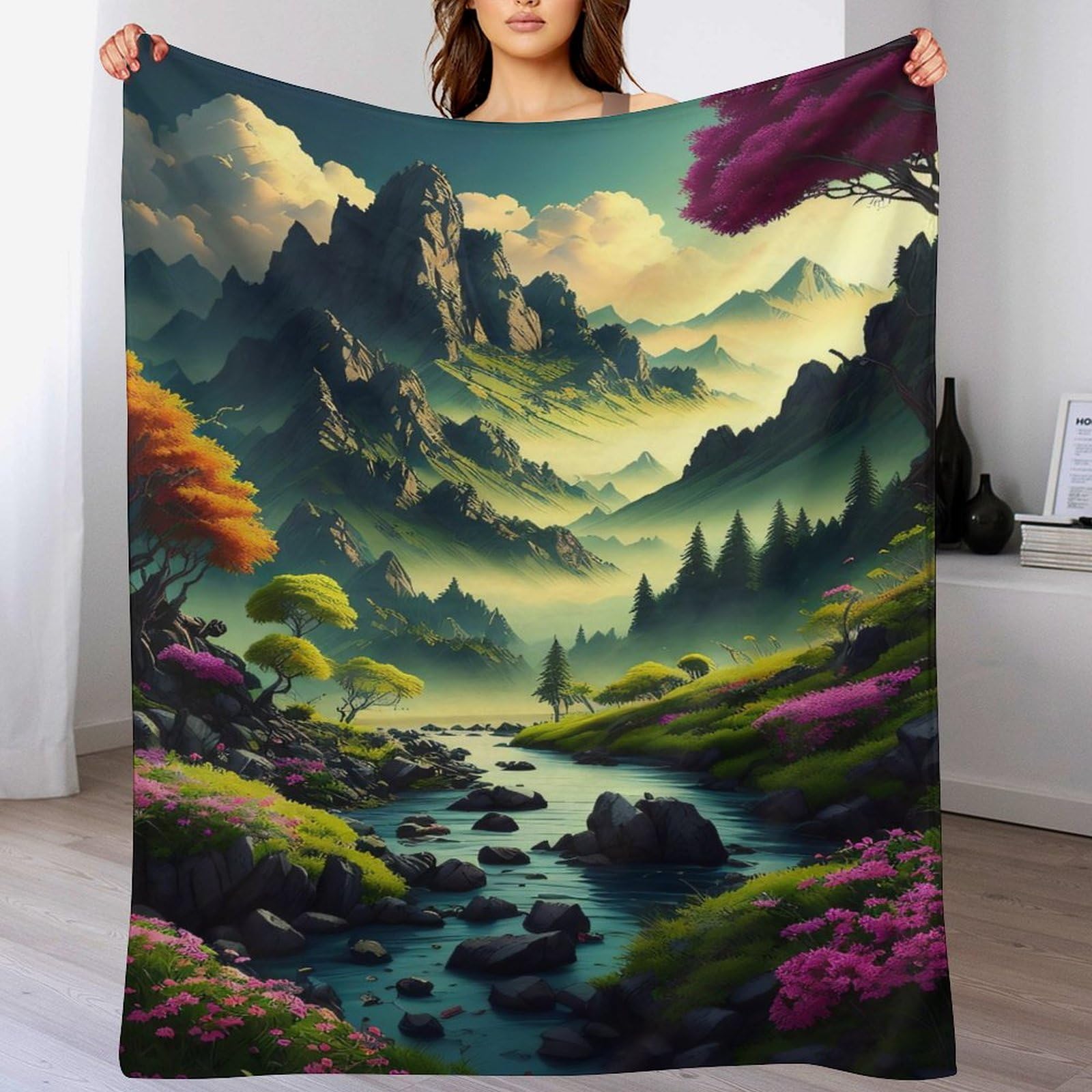 Couverture paysage en flanelle isolante contre le froid pour canapé et lit