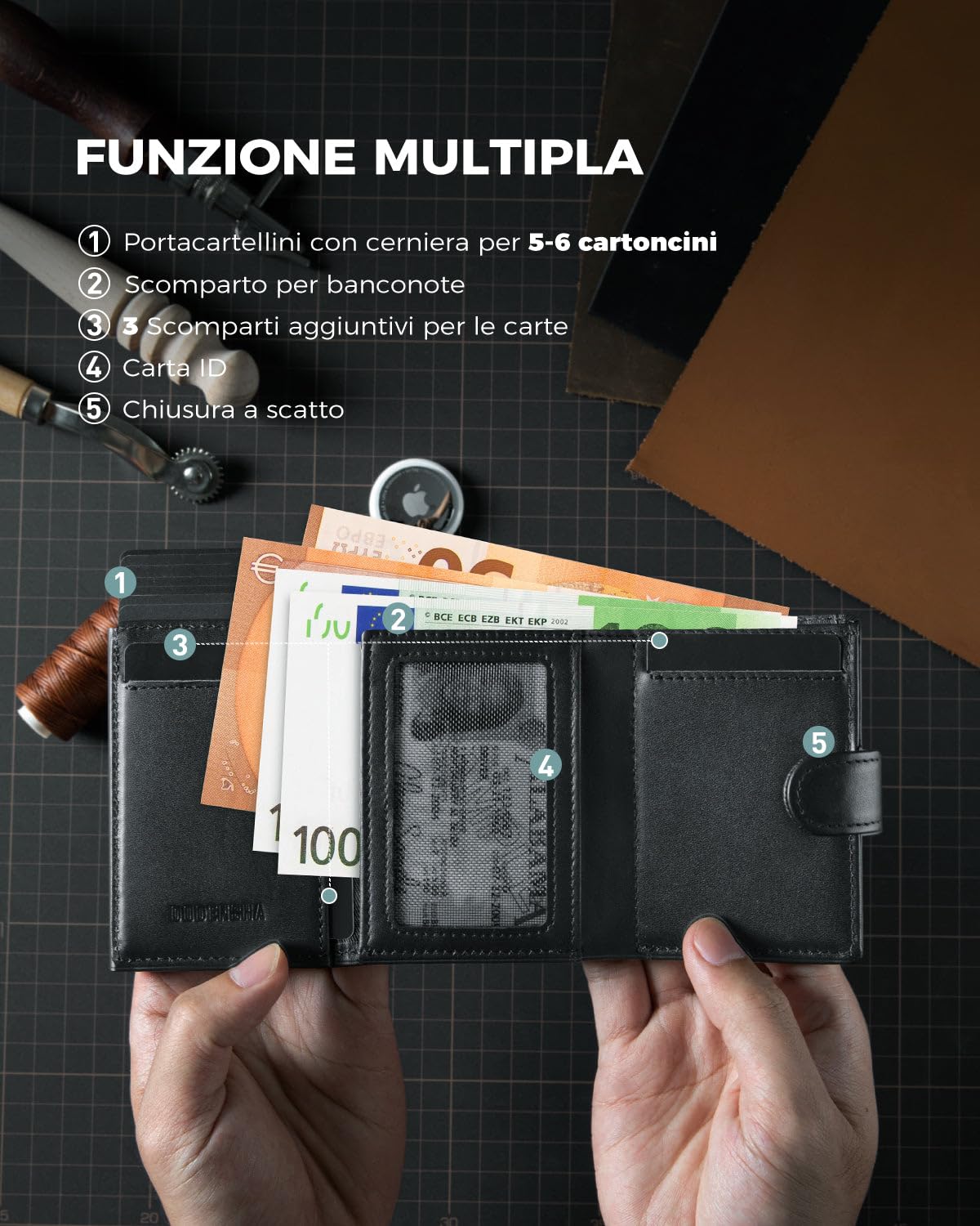 DODENSHA Portafoglio Uomo Airtag Pelle Piccolo | Porta Carte Credito Schermato | Slim RFID con Portamonete | Custodia in Metallo Pop-up per 8-10 Carte | Slot ID | Nero