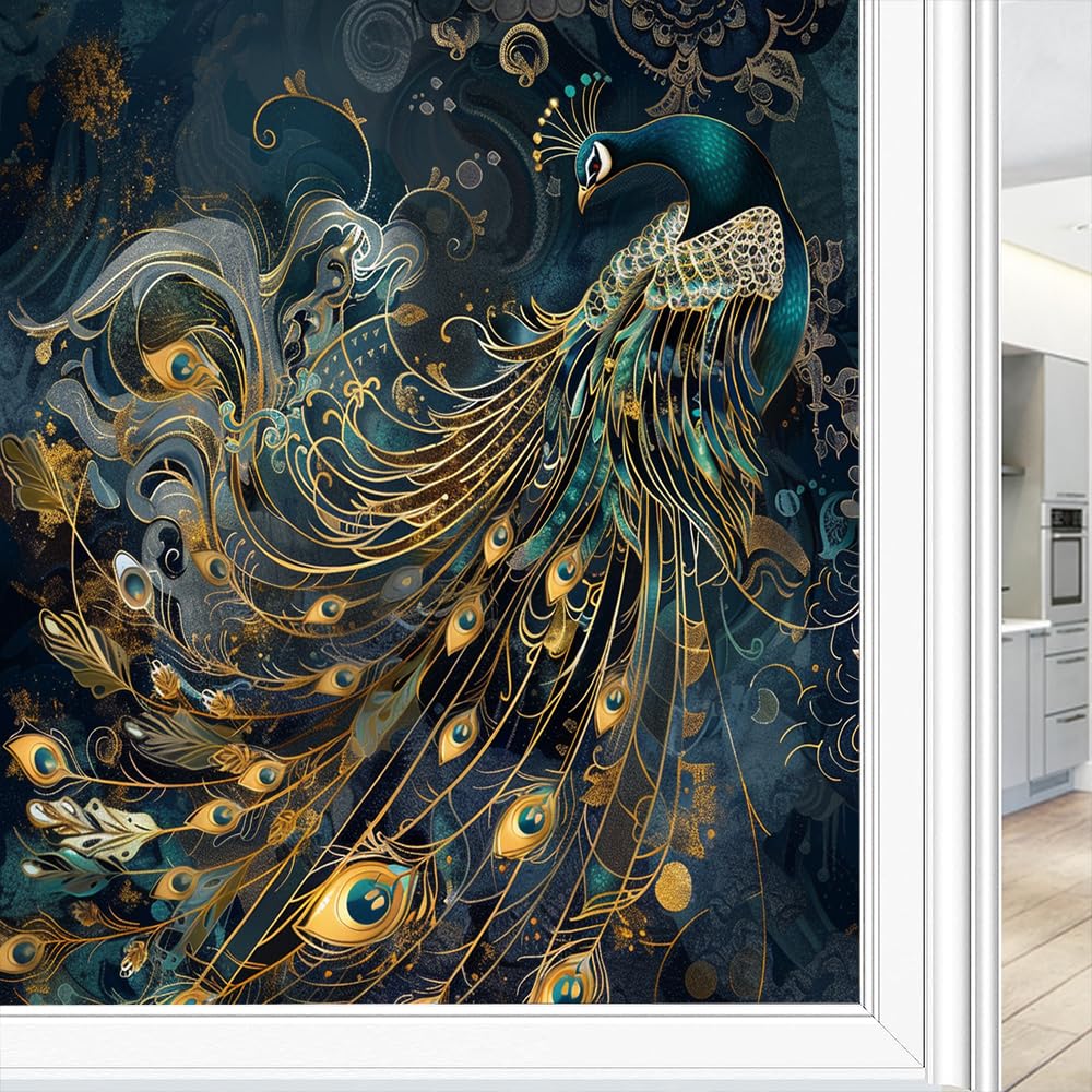 Fyfmushe Blue Peacock Window Film Privacy Vintage Natural Animal Gold Bird Decorative Stained Static Cling Window Sticker For Home, 45X60 Cm