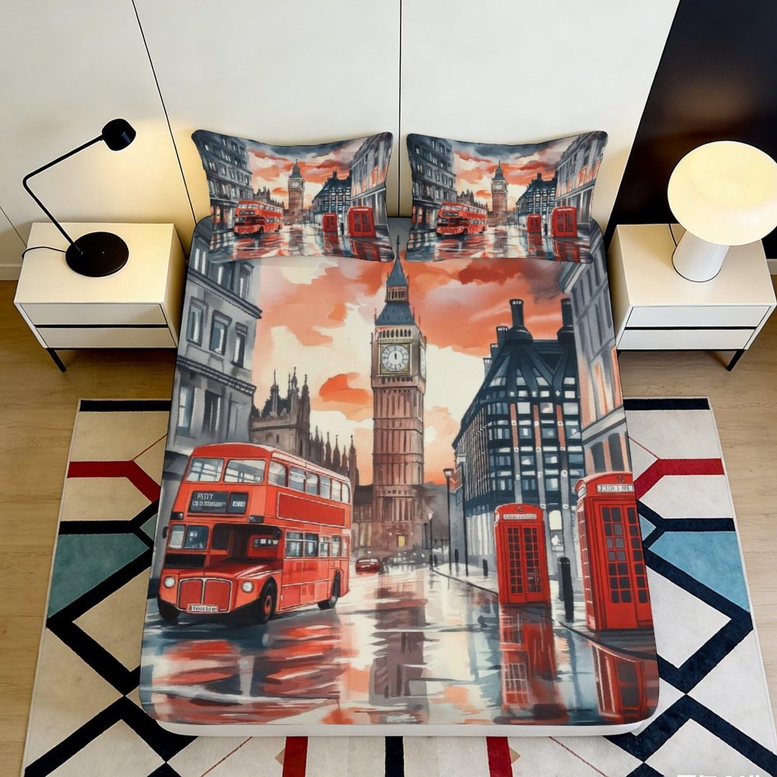 3D Printed London Cityscape Fitted Sheet Microfiber Soft Breathable Red Bus Bed Cover for Bedroom Dormitory Guest Room Mattress Protection Decor 180x200x25cm