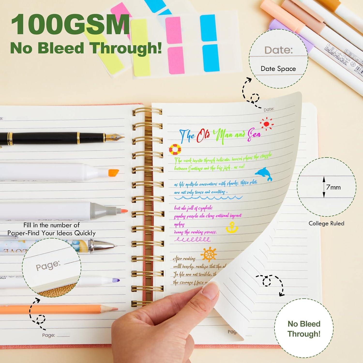 Resurhang 3 Pcs A5 Thick Spiral Journal Notebook with Labels, 328 Pages 5.8"x8.3" Linen Hardcover College Ruled Notebooks Christian Bible Study Journals for Church Work Writing Taking Business