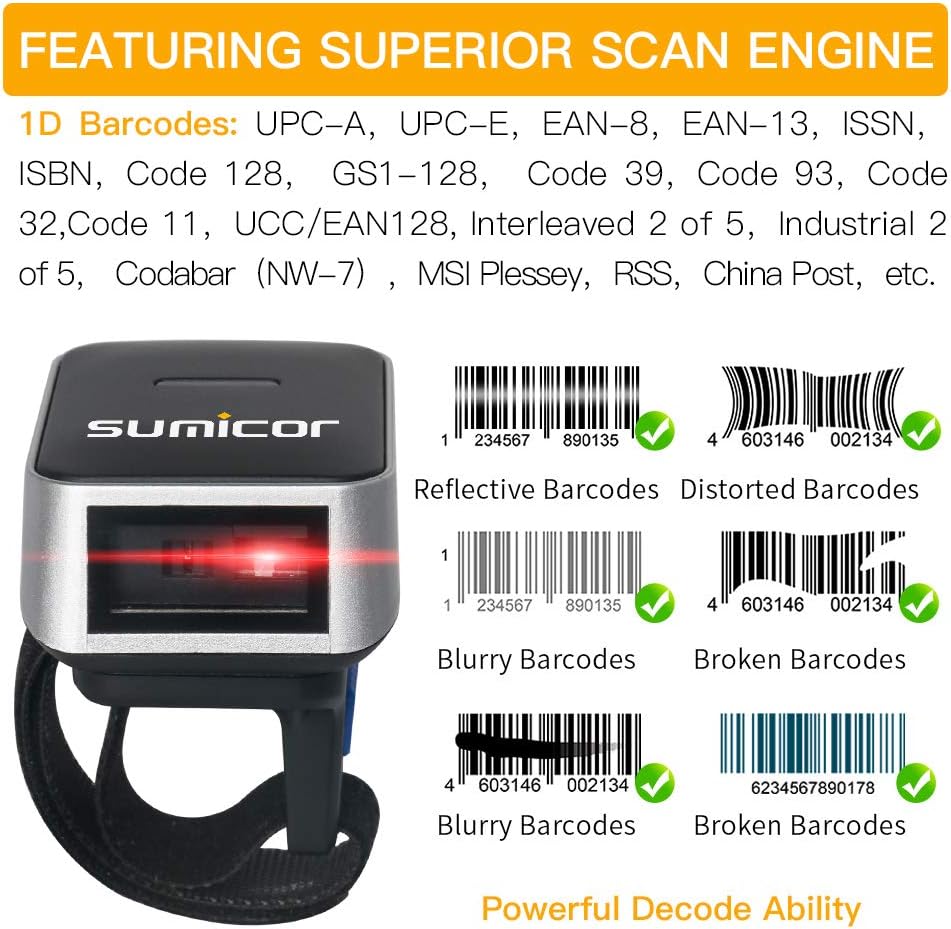 🔥 Sumicor 1D Wireless Bluetooth Ring Finger Barcode Scanner,Portable Wearable Mini Bar Code Reader Versatile 3-in-1 Work with Widows iOS Android Linux Mac OS,Support scan 1D Codes on Screen - Black