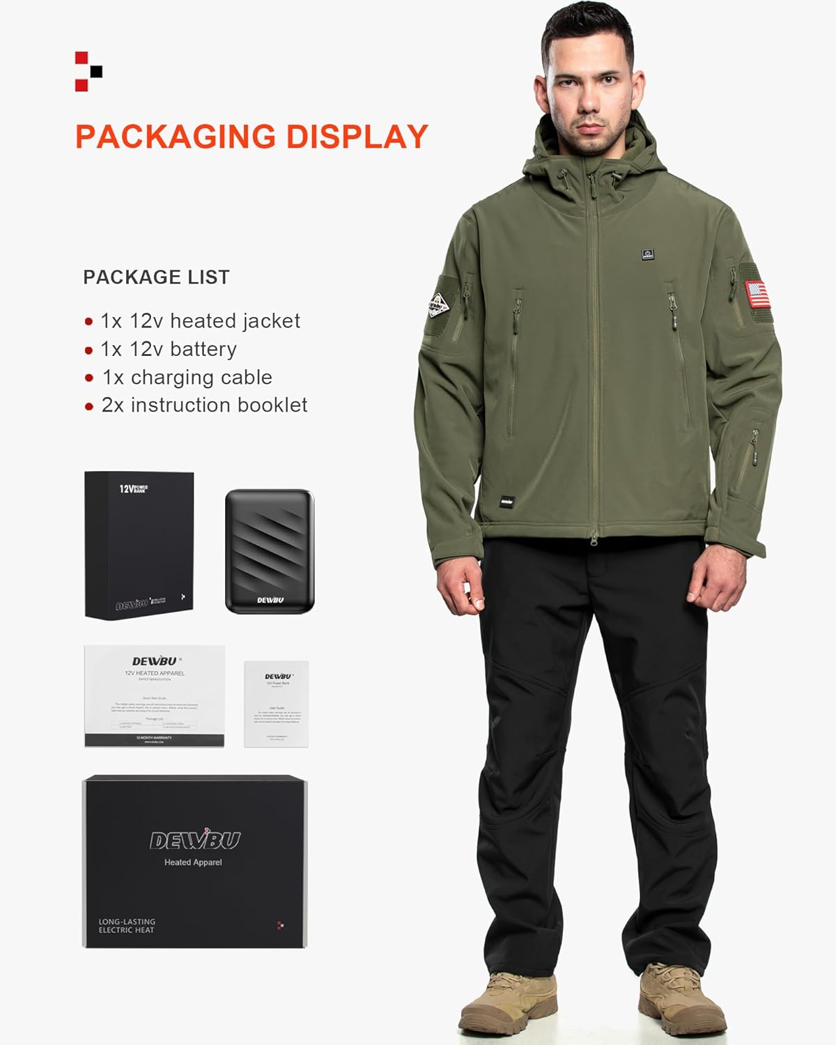 DEWBU Heated Jacket for Men with 12V Battery Pack Winter Outdoor Soft Shell Electric Heating Coat - Image 6