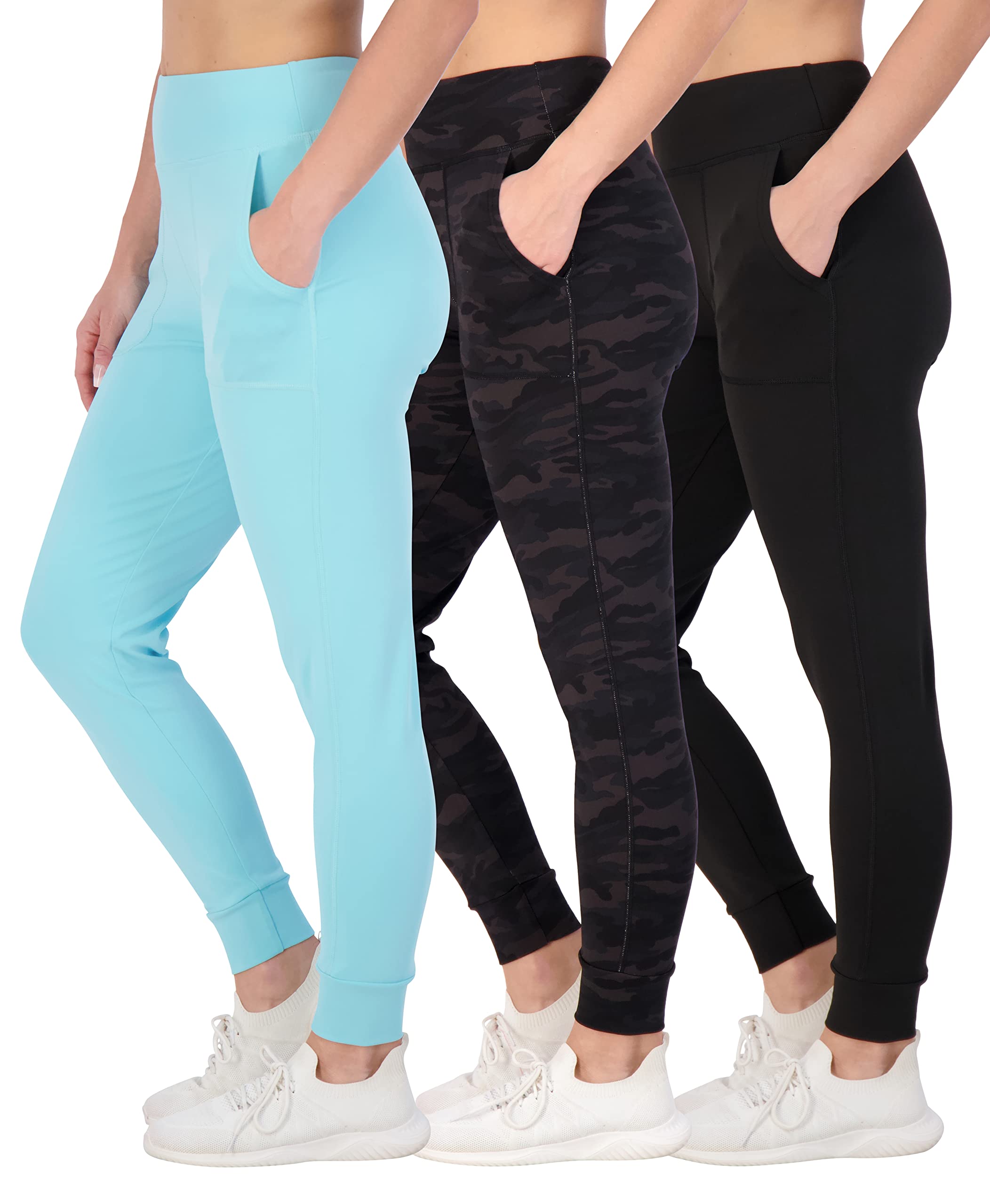 Real Essentials3 Pack: Women's Joggers with Pockets - High Waist Workout Yoga Tapered Athletic Leggings (Available in Plus)