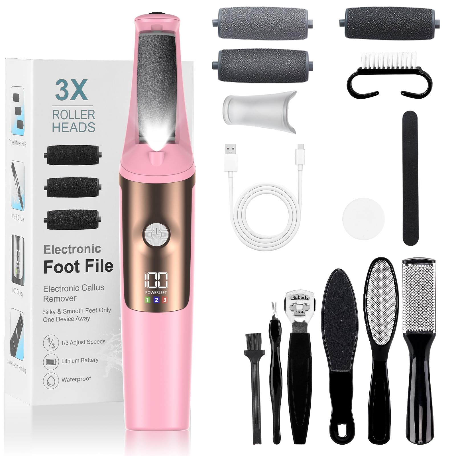 PKBD Lima Eléctrica Pies Pedicura Eléctrica Profesional, Herramientas de Cuidado de Pies y Kits de Accesorios, 3 Velocidades, Impermeable, Larga Vida de la Batería, Lijado Profesional Foot File,Rosa